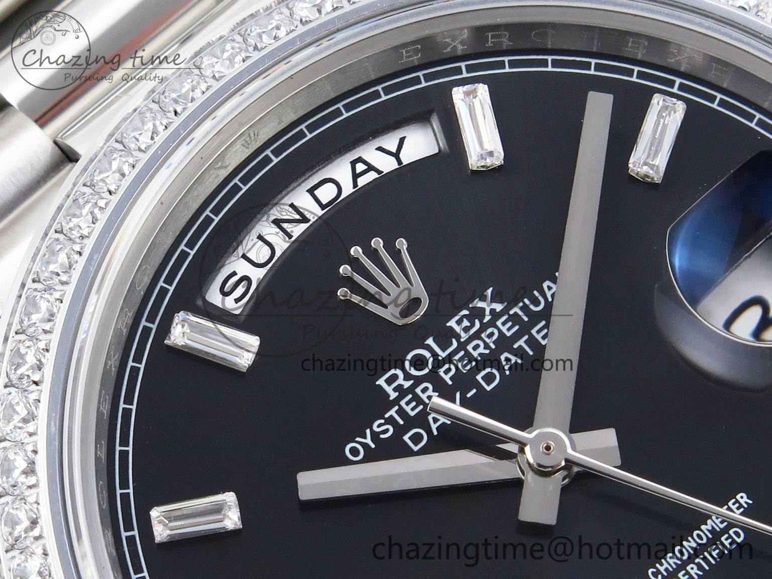 DayDate 40 SS GSF Gain Weight Black Crystal Dial Diamonds Bezel on President Bracelet A2836