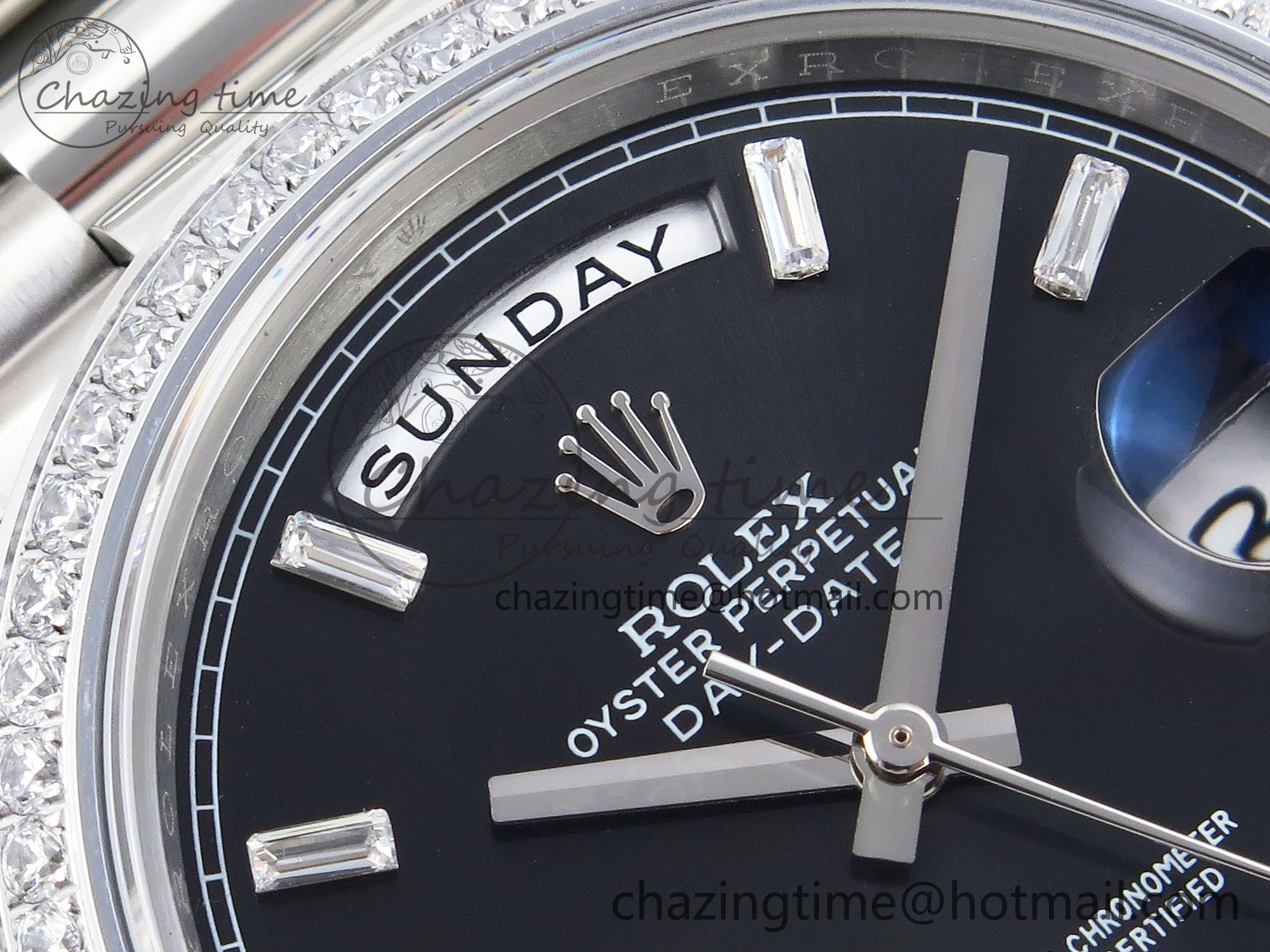 DayDate 40 SS GSF Gain Weight Black Crystal Dial Diamonds Bezel on President Bracelet A2836
