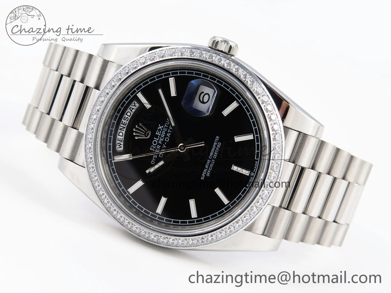 DayDate 40 SS GSF Gain Weight Black Stick Dial Diamonds Bezel on President Bracelet A2836