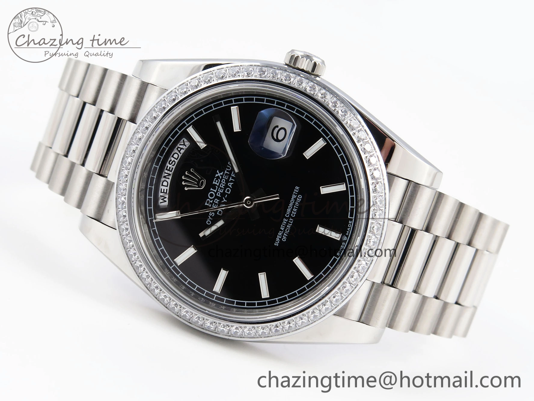 DayDate 40 SS GSF Gain Weight Black Stick Dial Diamonds Bezel on President Bracelet A2836