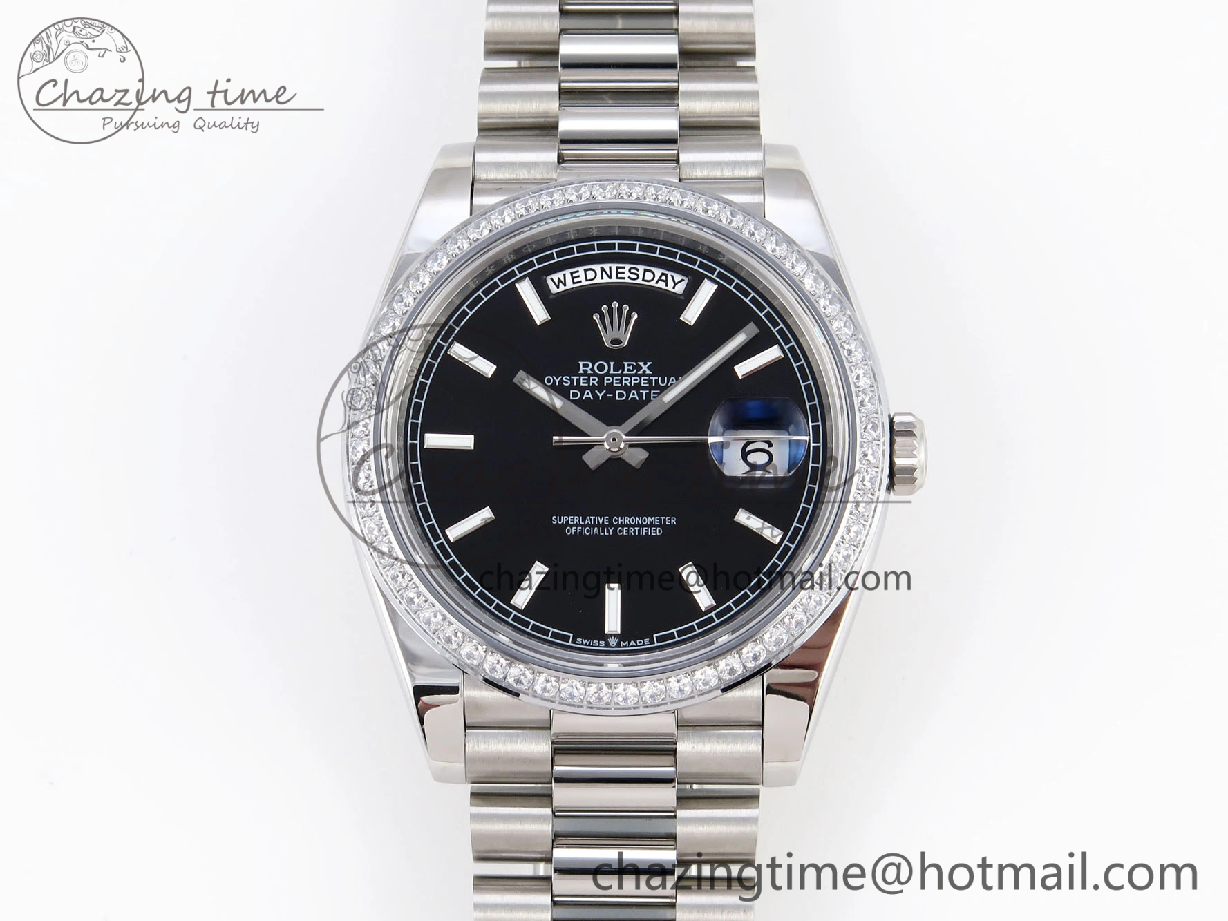 DayDate 40 SS GSF Gain Weight Black Stick Dial Diamonds Bezel on President Bracelet A2836