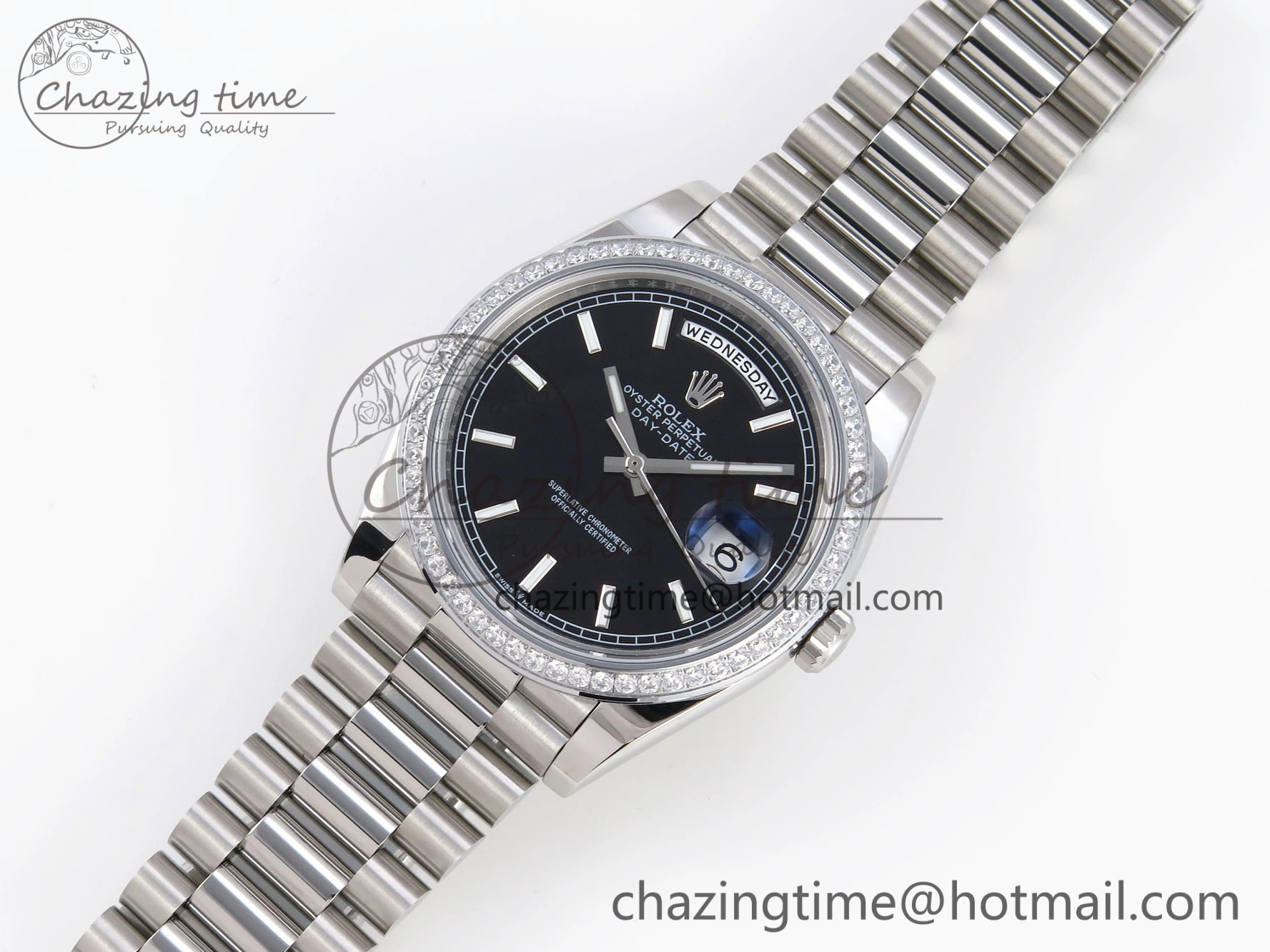 DayDate 40 SS GSF Gain Weight Black Stick Dial Diamonds Bezel on President Bracelet A2836