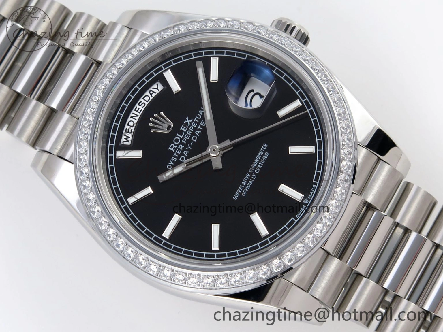 DayDate 40 SS GSF Gain Weight Black Stick Dial Diamonds Bezel on President Bracelet A2836