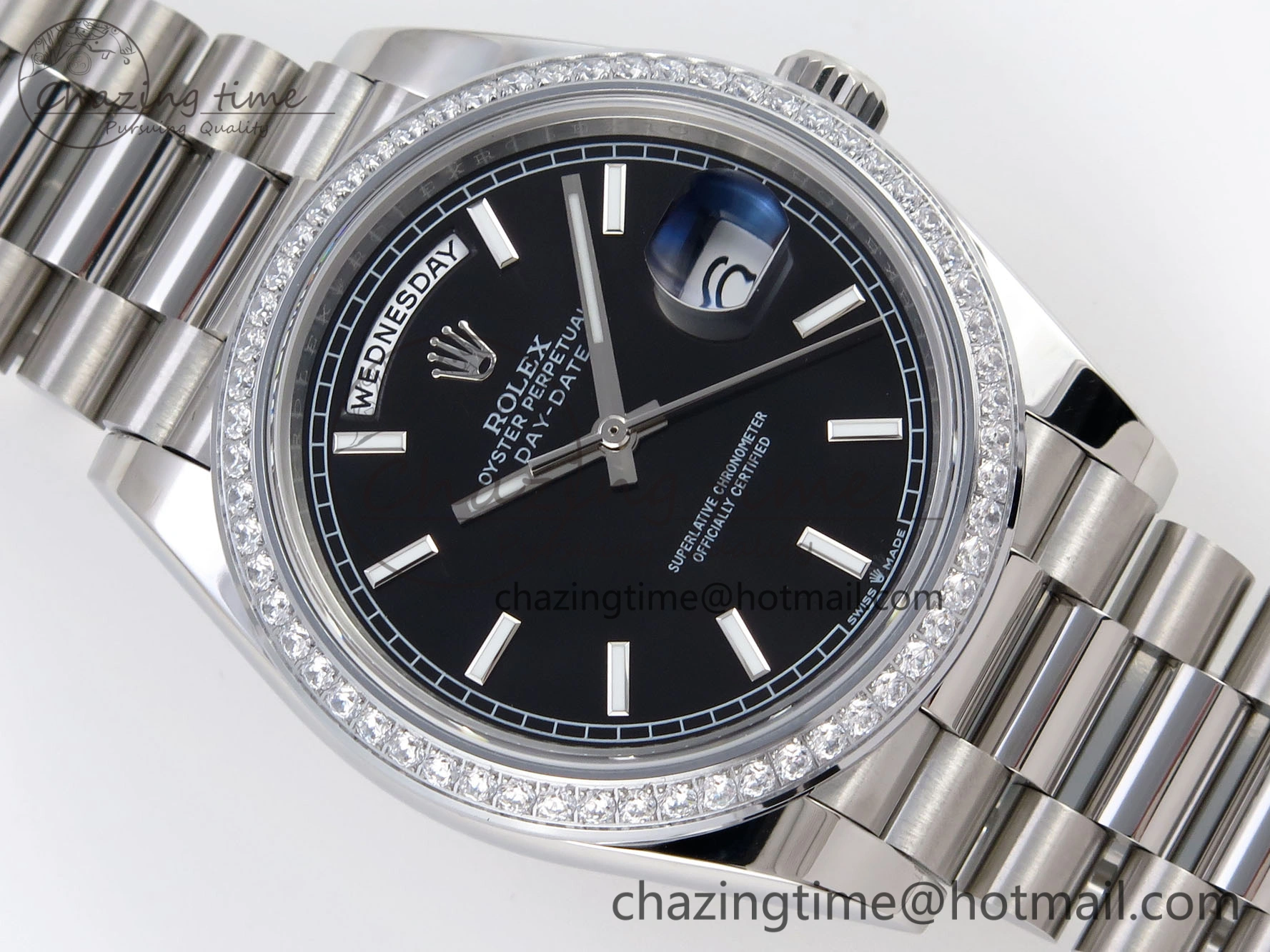 DayDate 40 SS GSF Gain Weight Black Stick Dial Diamonds Bezel on President Bracelet A2836