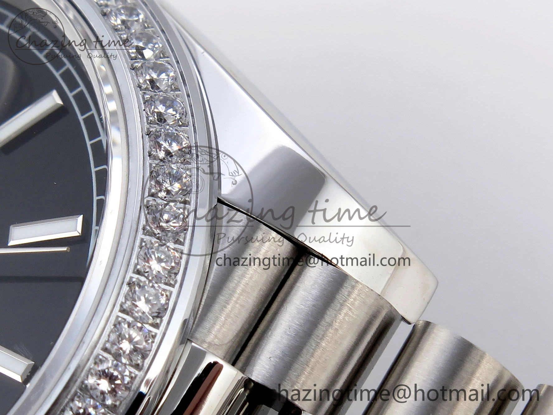 DayDate 40 SS GSF Gain Weight Black Stick Dial Diamonds Bezel on President Bracelet A2836