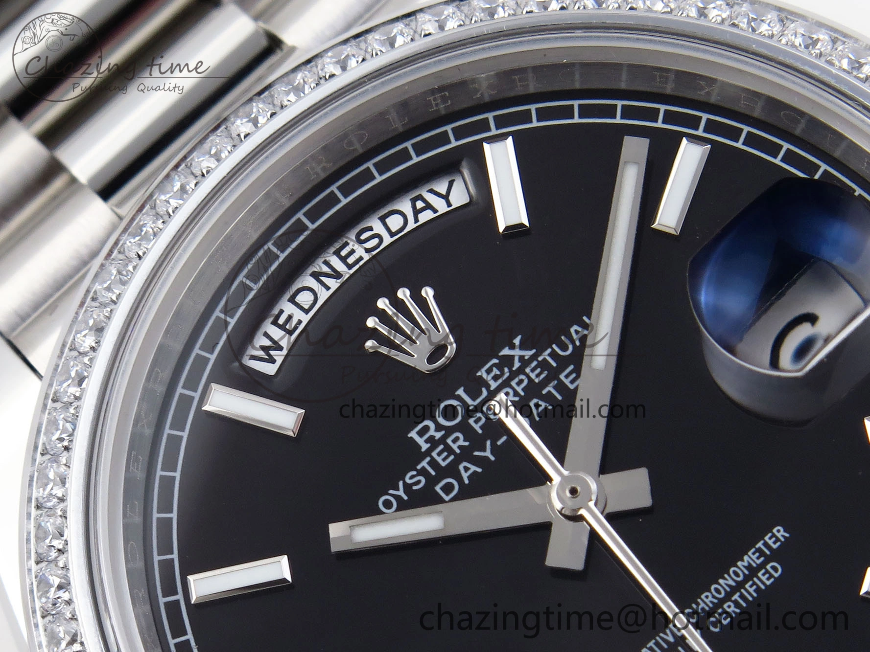 DayDate 40 SS GSF Gain Weight Black Stick Dial Diamonds Bezel on President Bracelet A2836