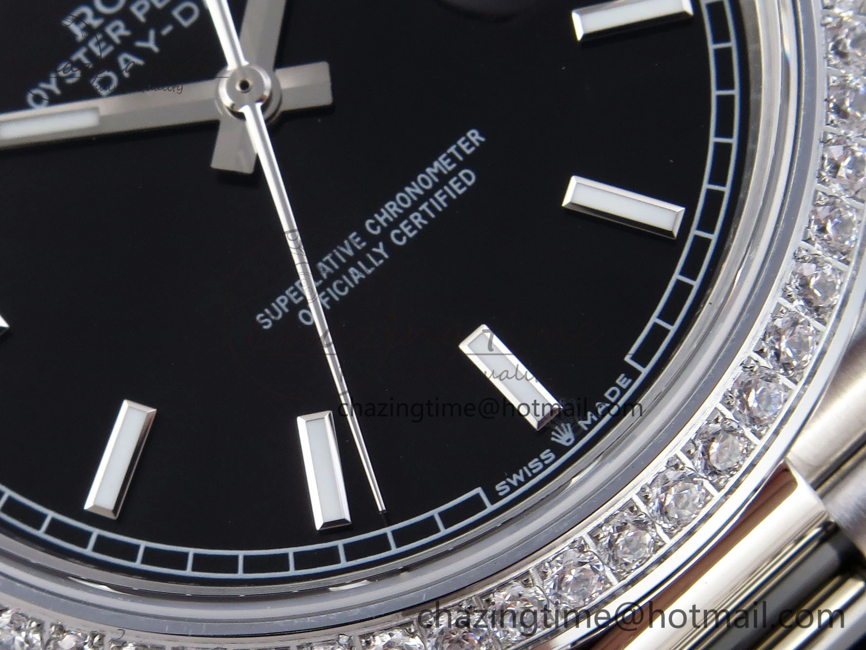 DayDate 40 SS GSF Gain Weight Black Stick Dial Diamonds Bezel on President Bracelet A2836