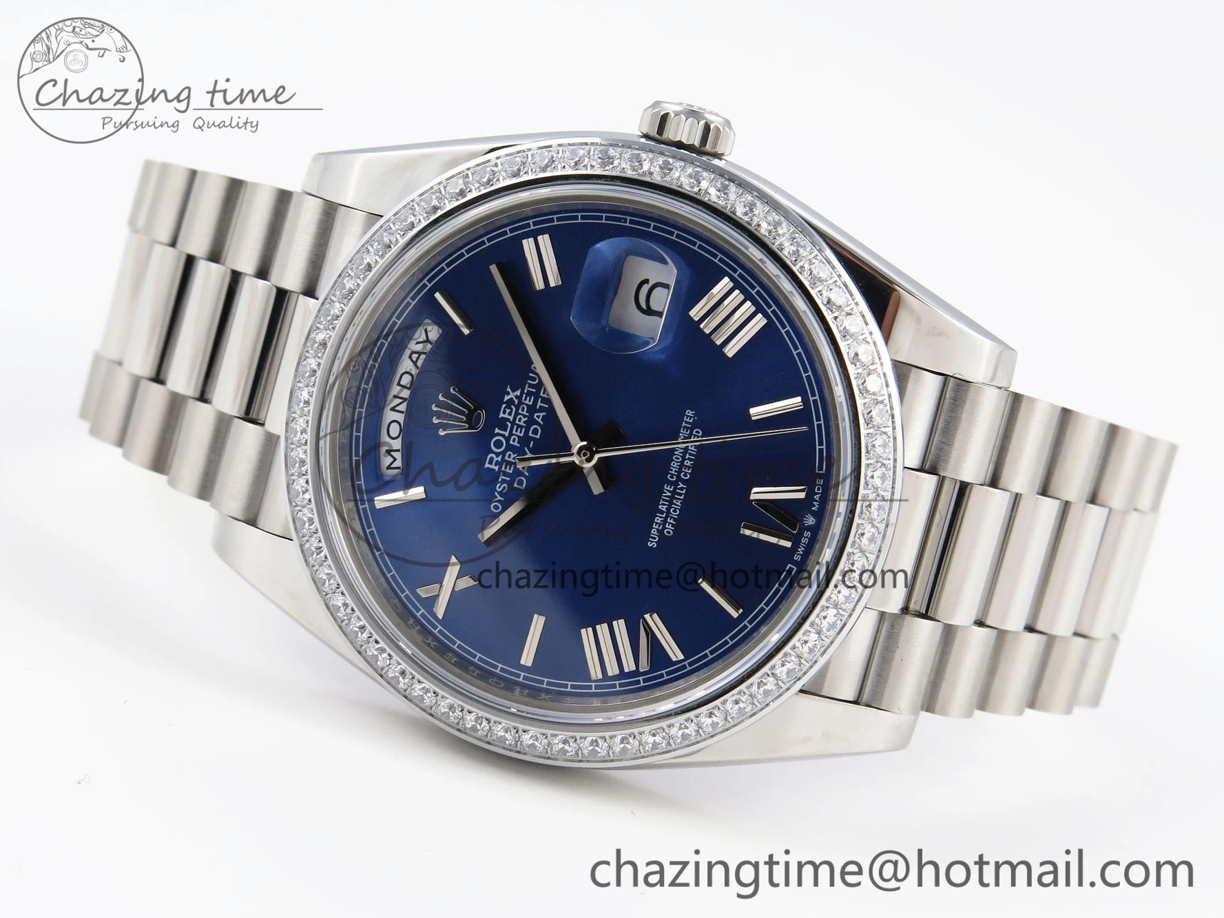 DayDate 40 SS GSF Gain Weight Blue Roman Dial Diamonds Bezel on President Bracelet A2836