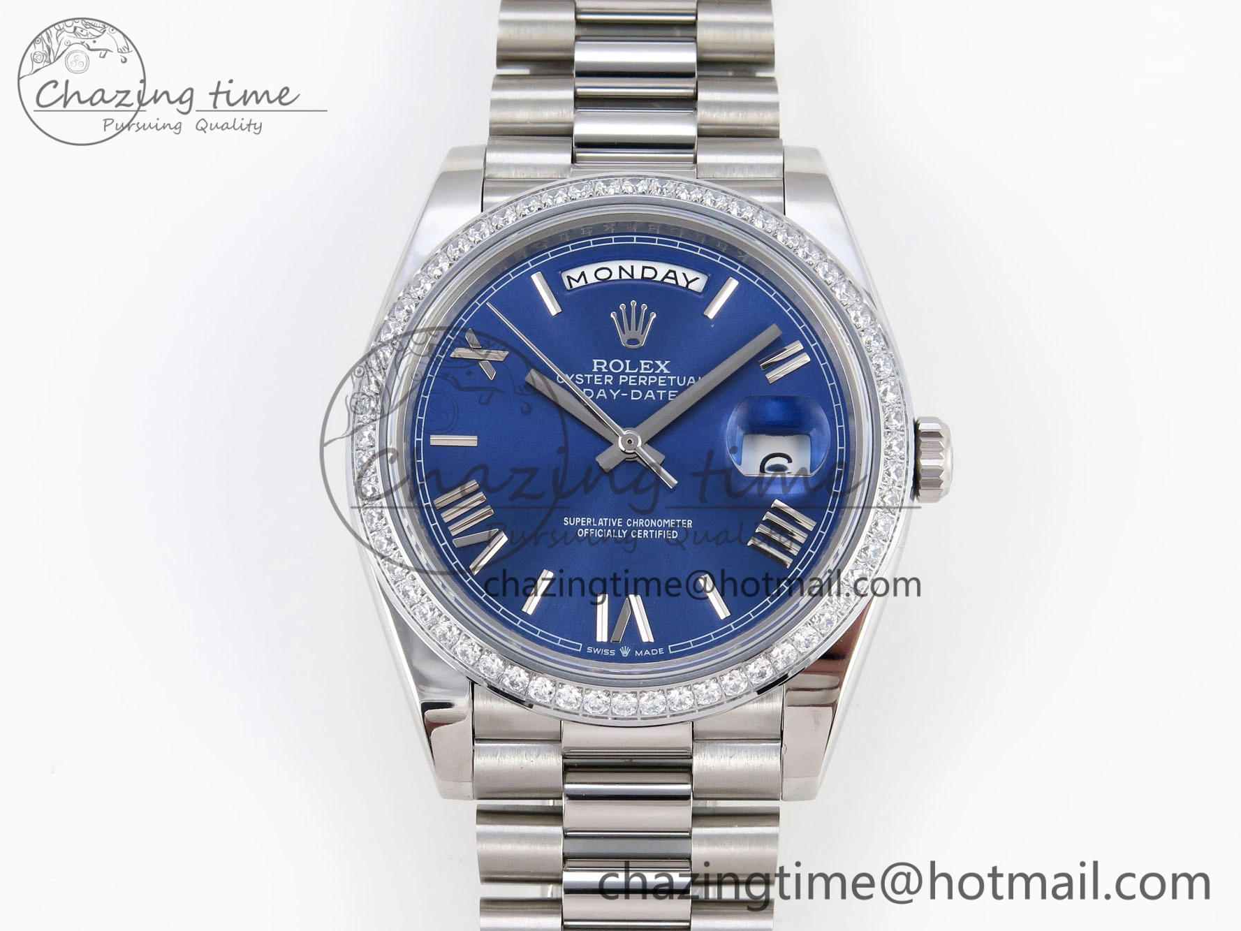 DayDate 40 SS GSF Gain Weight Blue Roman Dial Diamonds Bezel on President Bracelet A2836