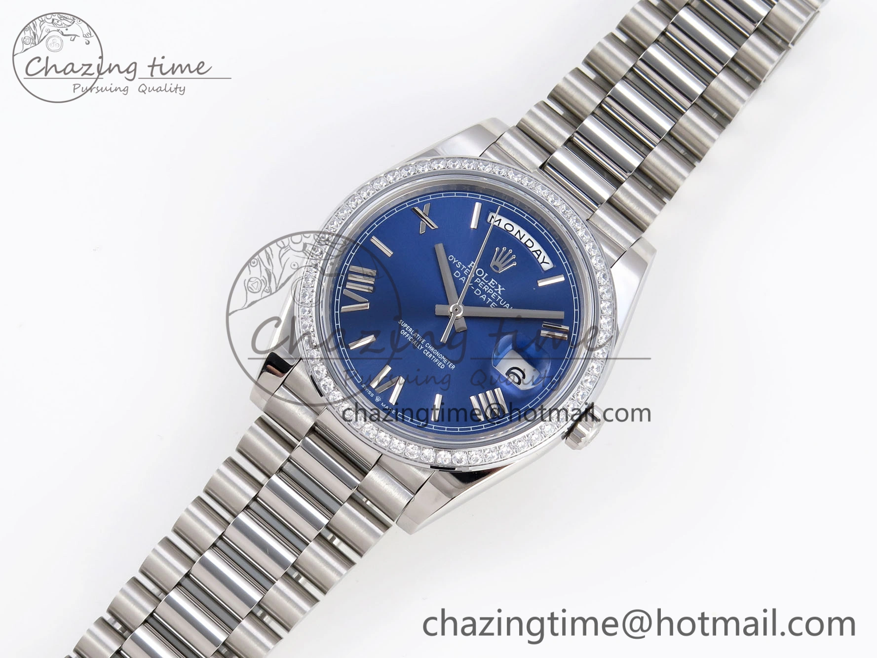 DayDate 40 SS GSF Gain Weight Blue Roman Dial Diamonds Bezel on President Bracelet A2836
