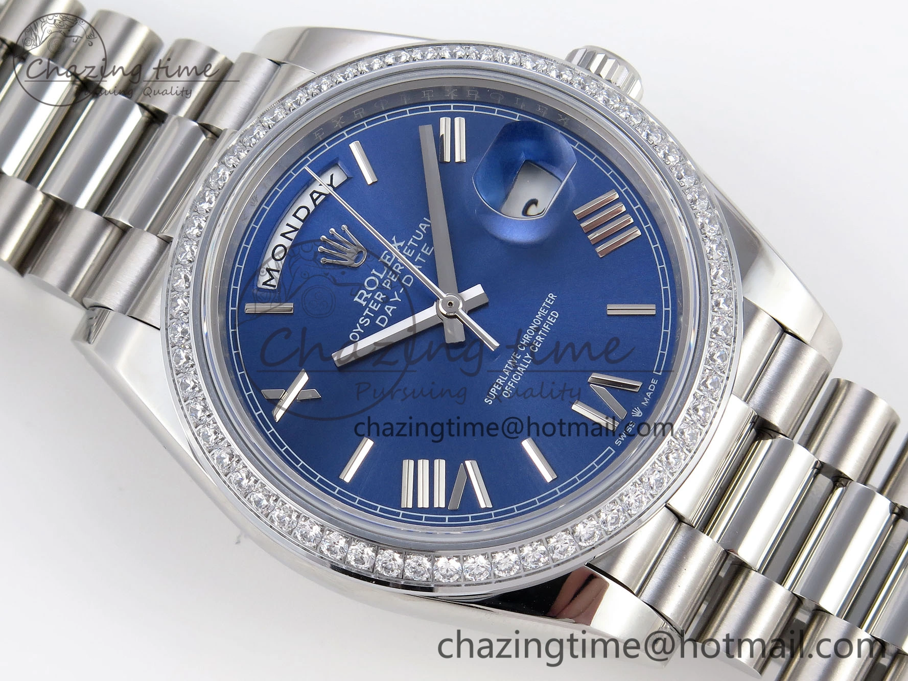 DayDate 40 SS GSF Gain Weight Blue Roman Dial Diamonds Bezel on President Bracelet A2836