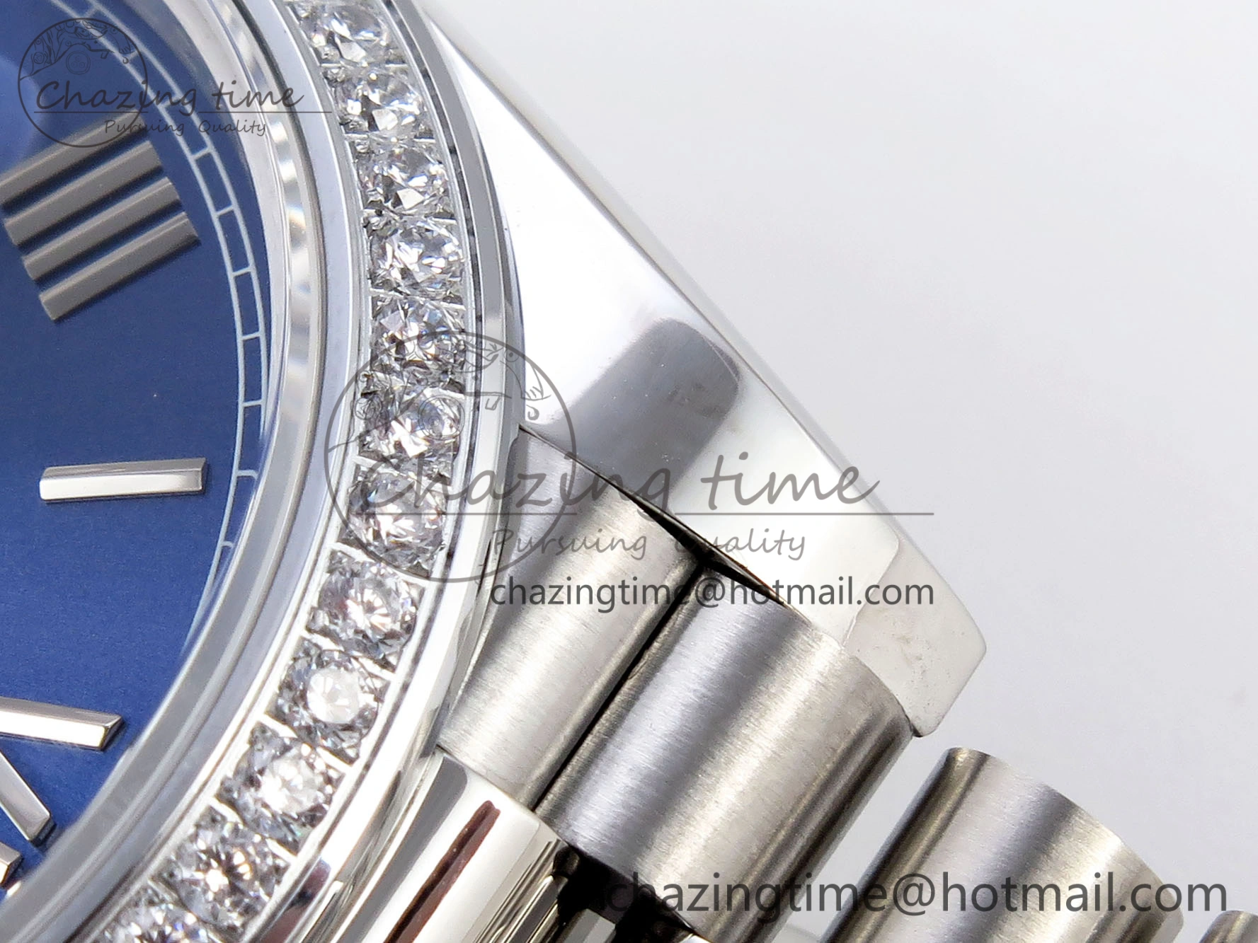 DayDate 40 SS GSF Gain Weight Blue Roman Dial Diamonds Bezel on President Bracelet A2836