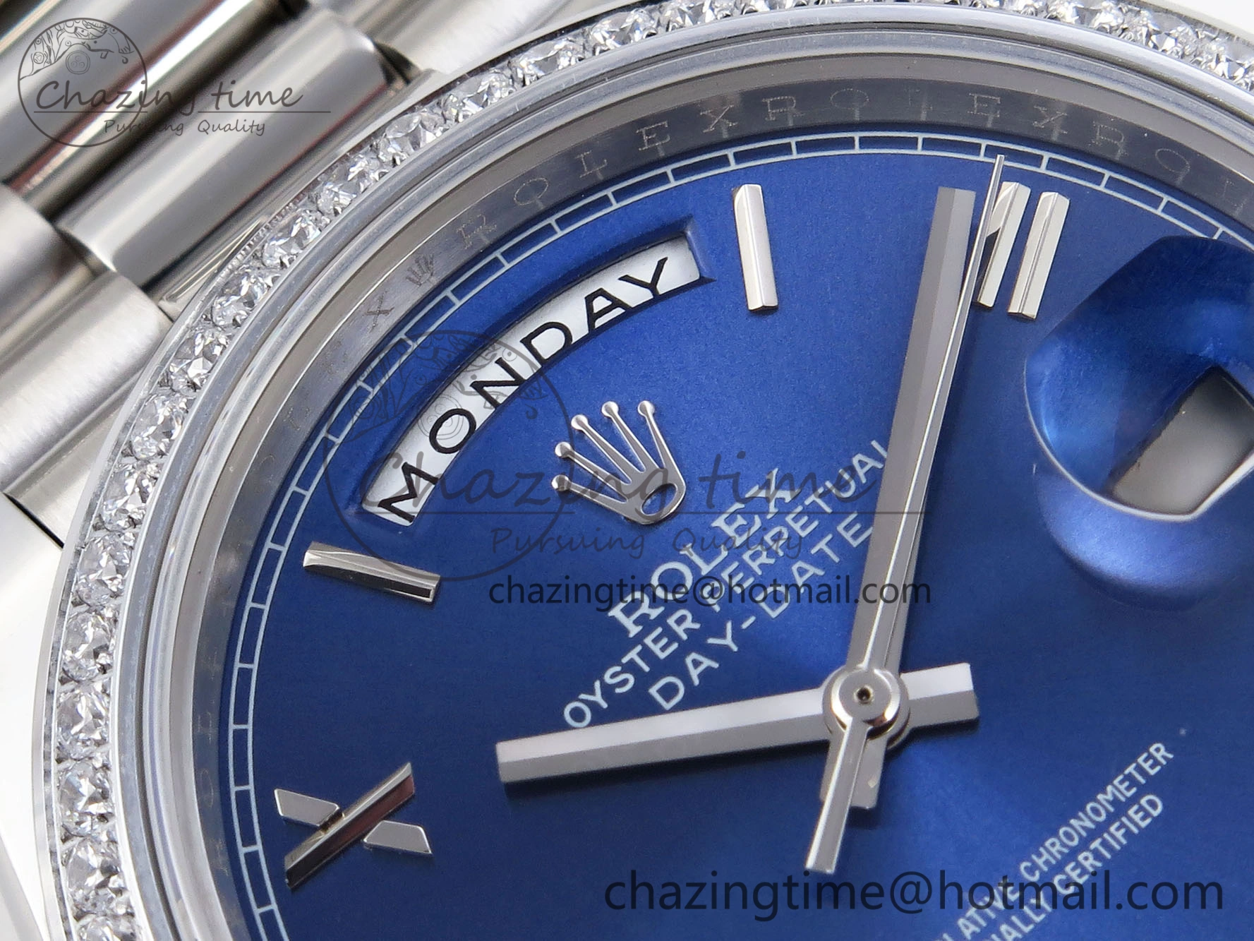DayDate 40 SS GSF Gain Weight Blue Roman Dial Diamonds Bezel on President Bracelet A2836