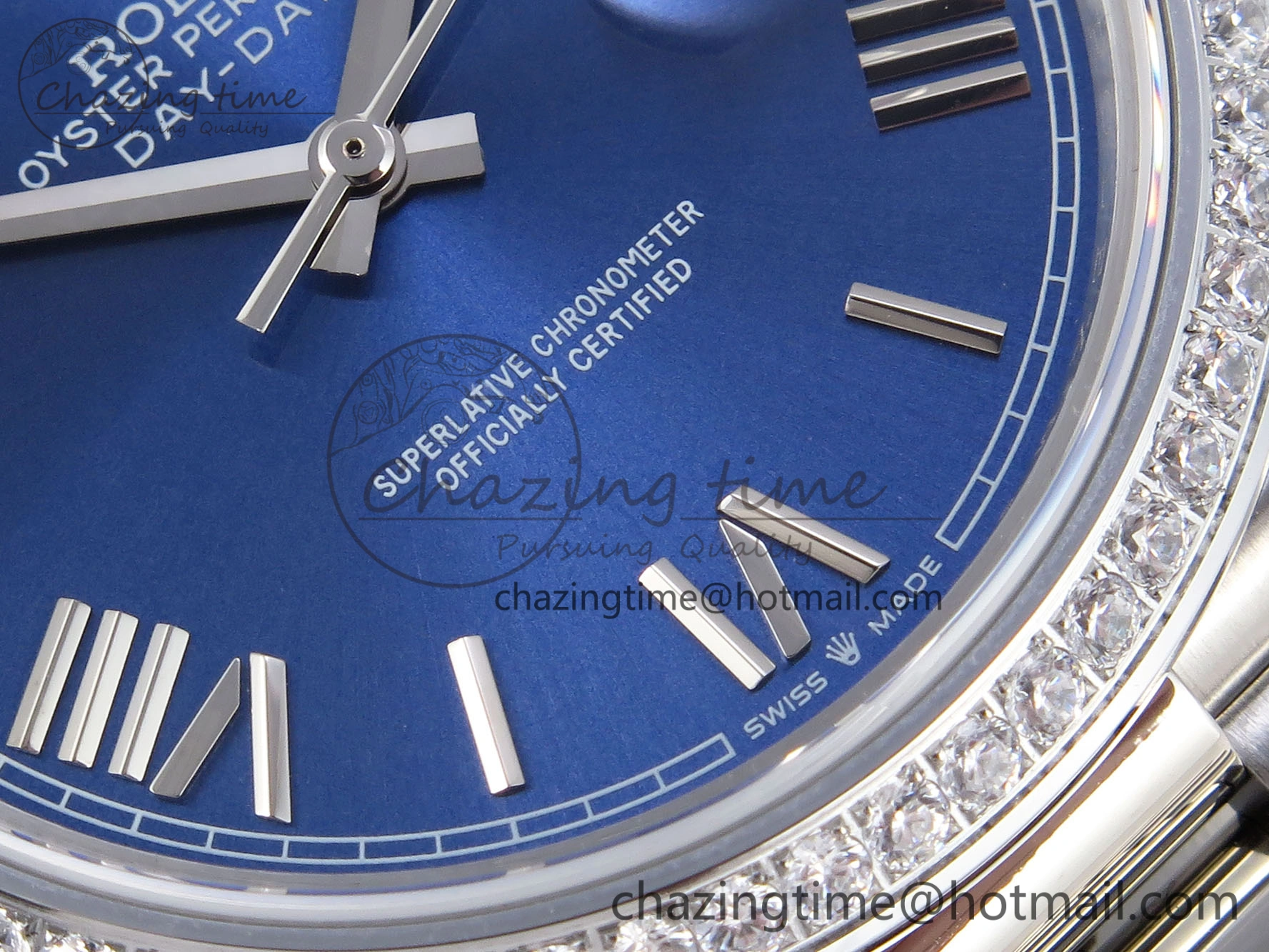 DayDate 40 SS GSF Gain Weight Blue Roman Dial Diamonds Bezel on President Bracelet A2836