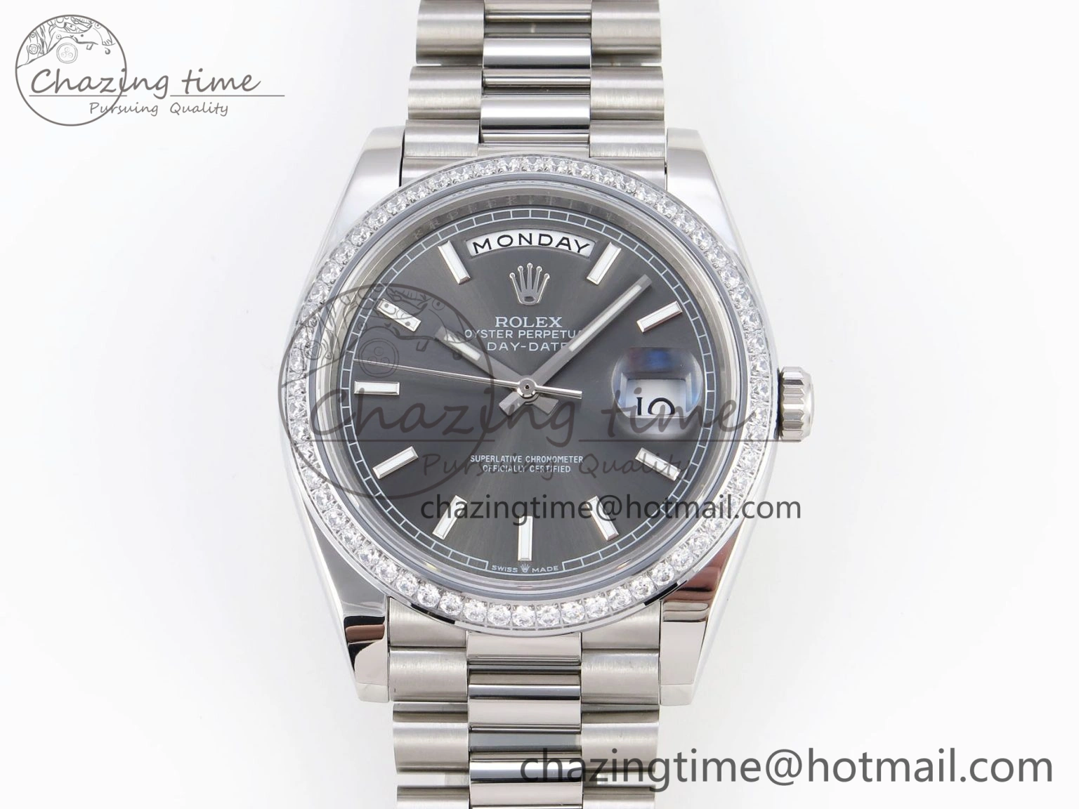 DayDate 40 SS GSF Gain Weight Gray Roman Dial Diamonds Bezel on President Bracelet A2836
