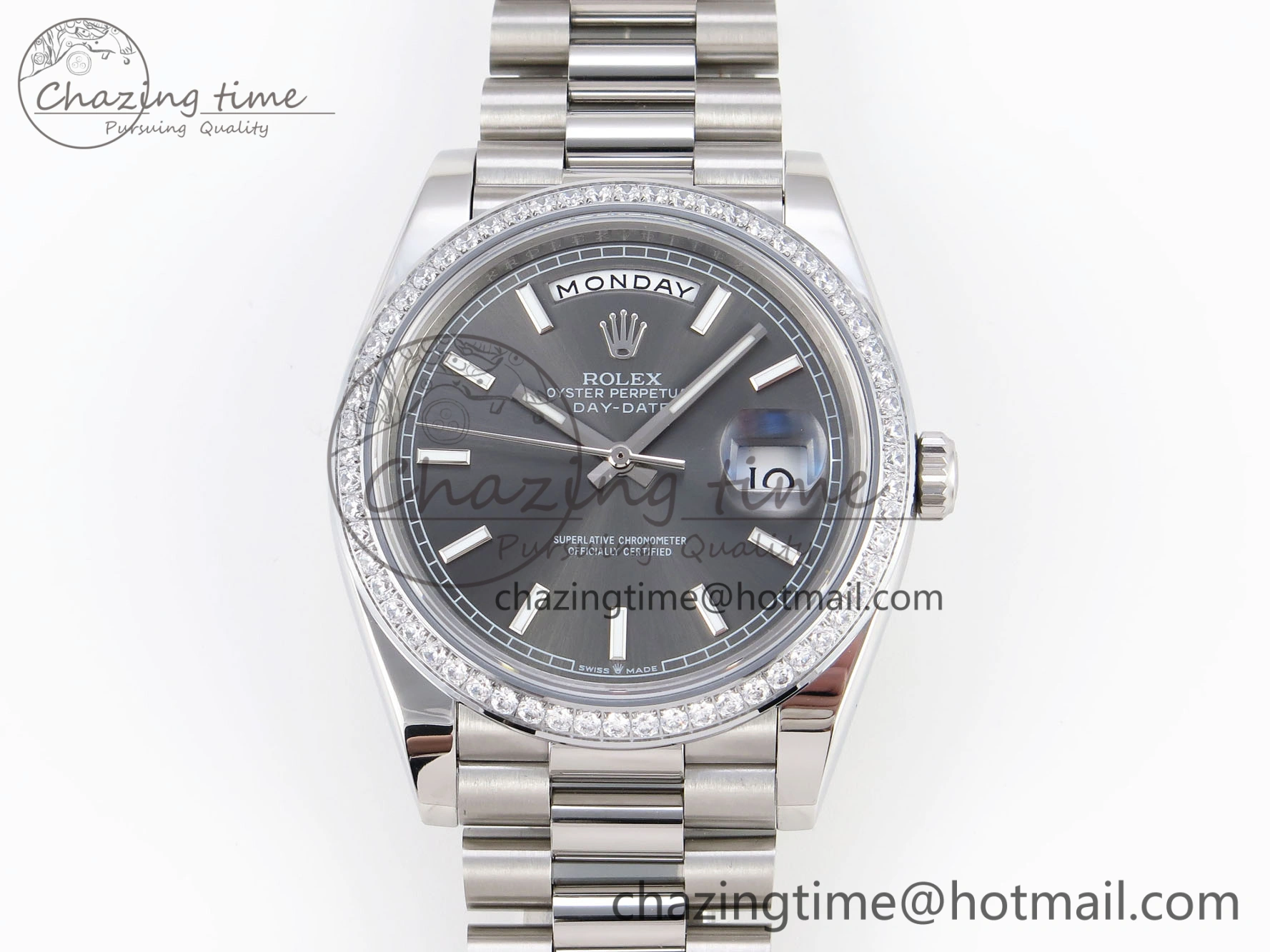DayDate 40 SS GSF Gain Weight Gray Roman Dial Diamonds Bezel on President Bracelet A2836