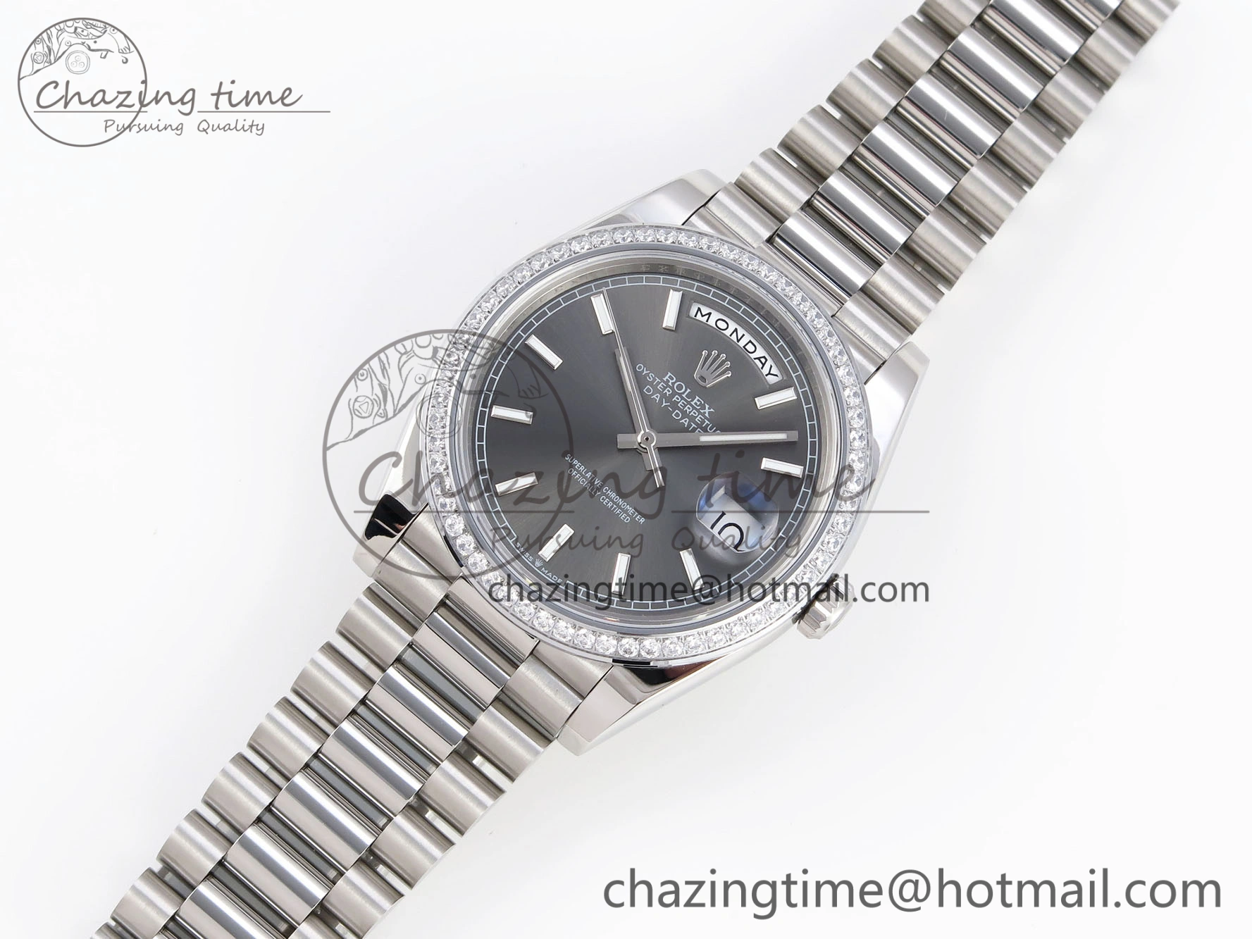 DayDate 40 SS GSF Gain Weight Gray Roman Dial Diamonds Bezel on President Bracelet A2836