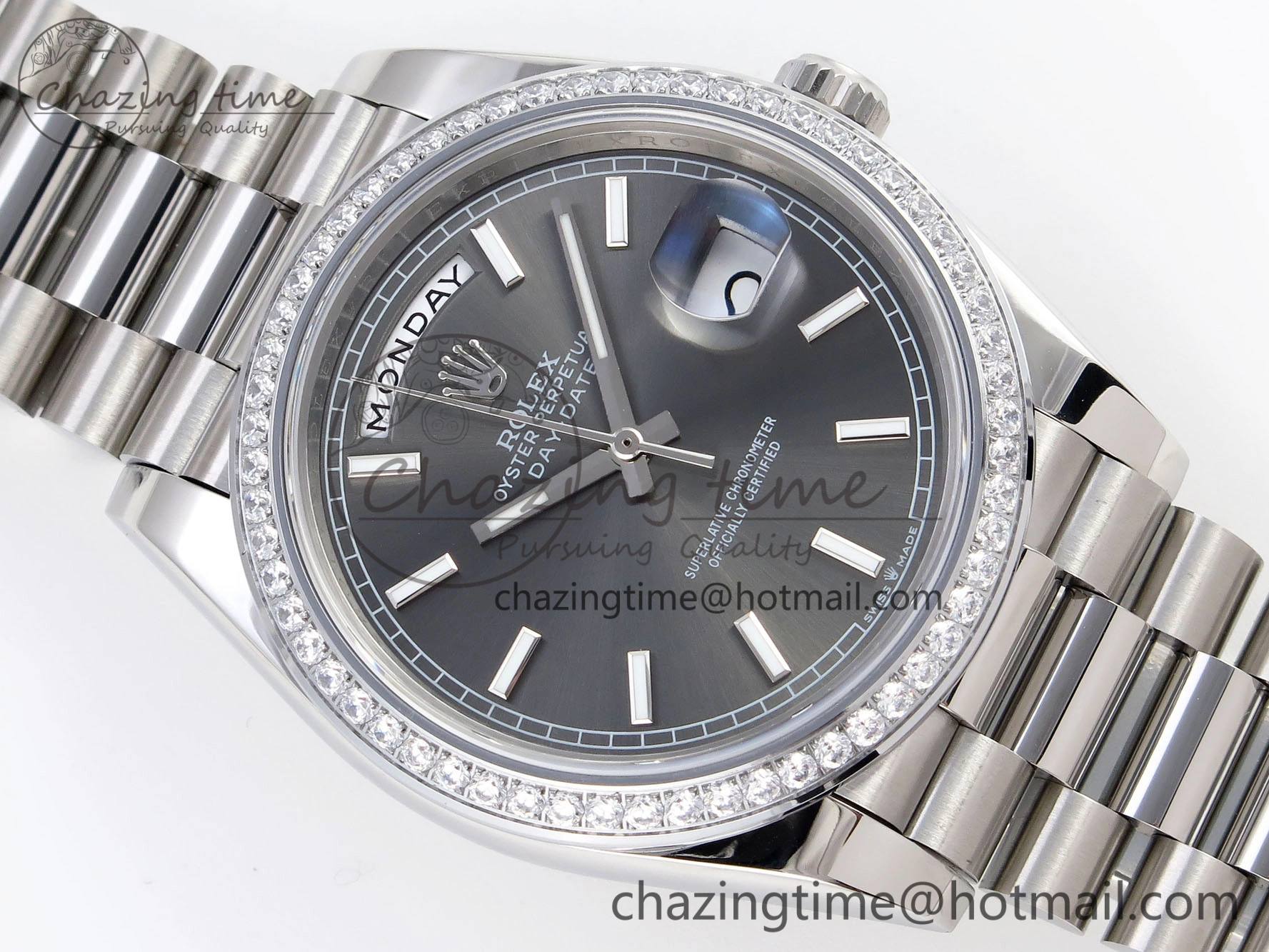 DayDate 40 SS GSF Gain Weight Gray Roman Dial Diamonds Bezel on President Bracelet A2836