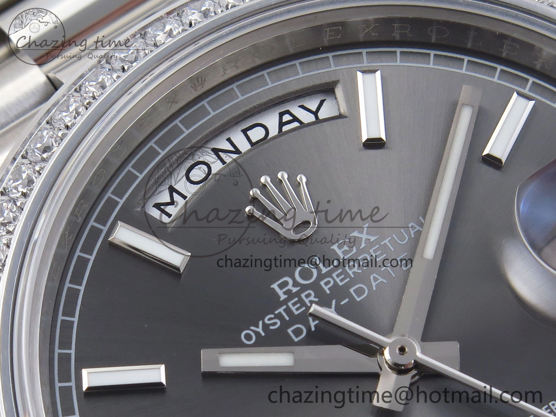 DayDate 40 SS GSF Gain Weight Gray Roman Dial Diamonds Bezel on President Bracelet A2836