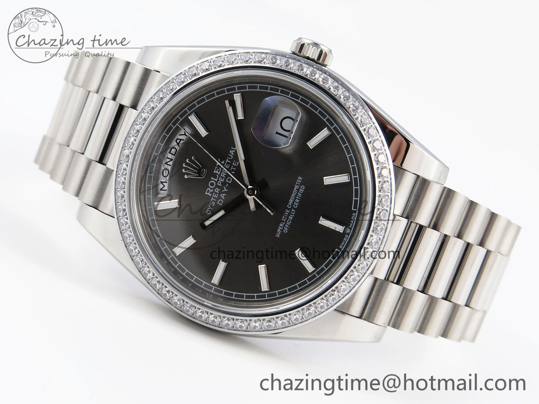 DayDate 40 SS GSF Gain Weight Gray Roman Dial Diamonds Bezel on President Bracelet A2836
