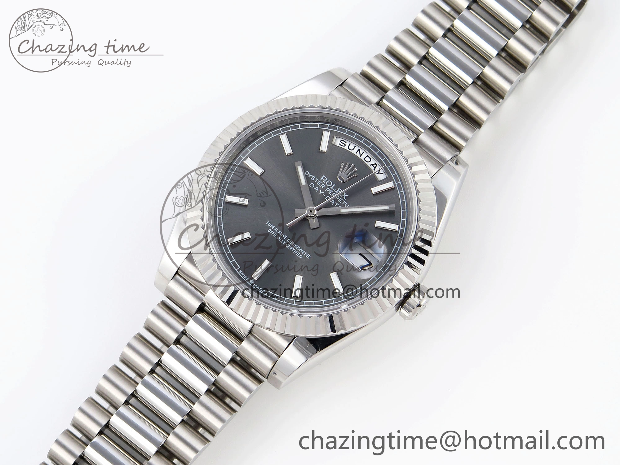 DayDate 40 SS GSF Gain Weight Gray Stick Dial on President Bracelet A2836