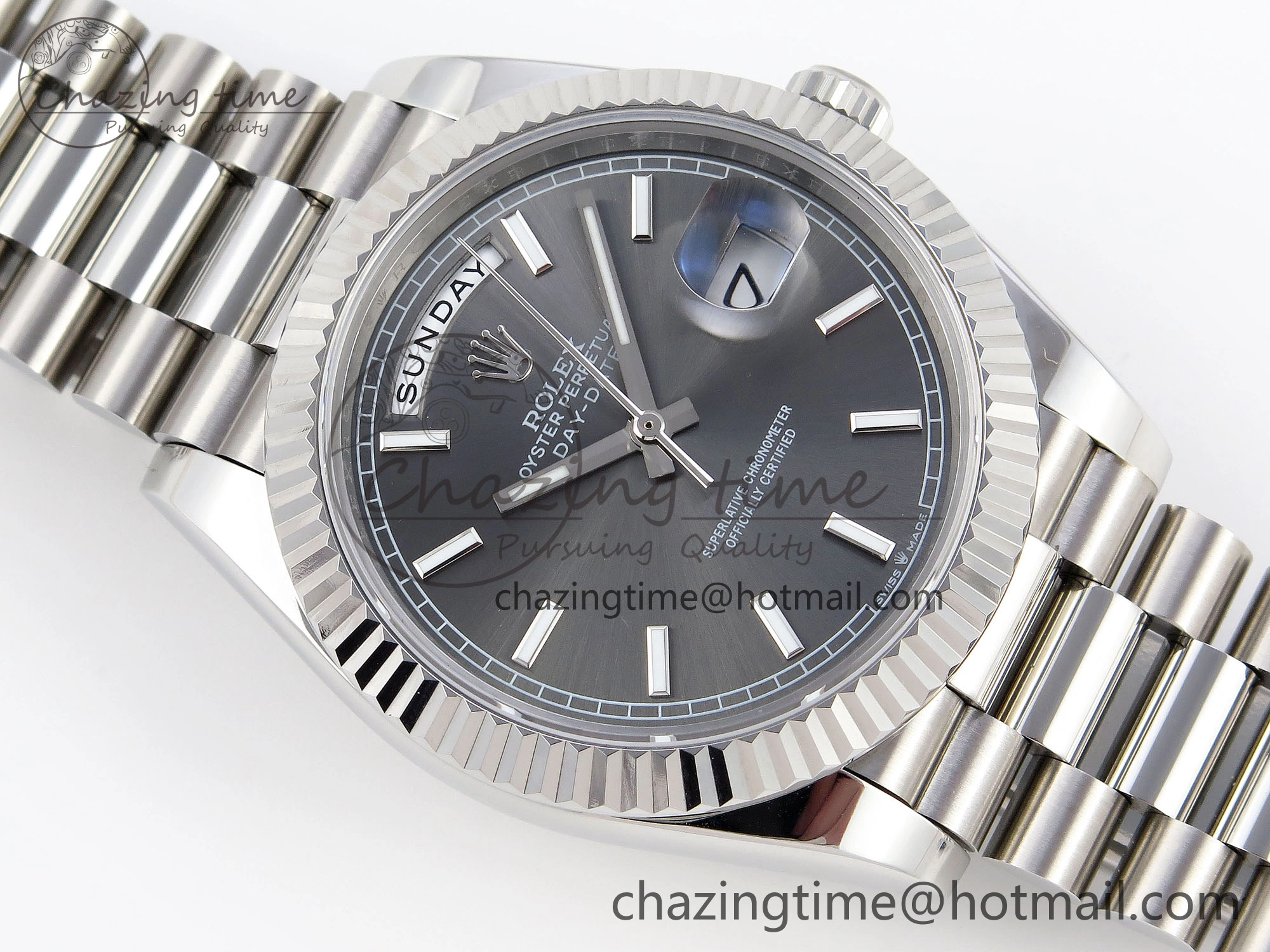 DayDate 40 SS GSF Gain Weight Gray Stick Dial on President Bracelet A2836