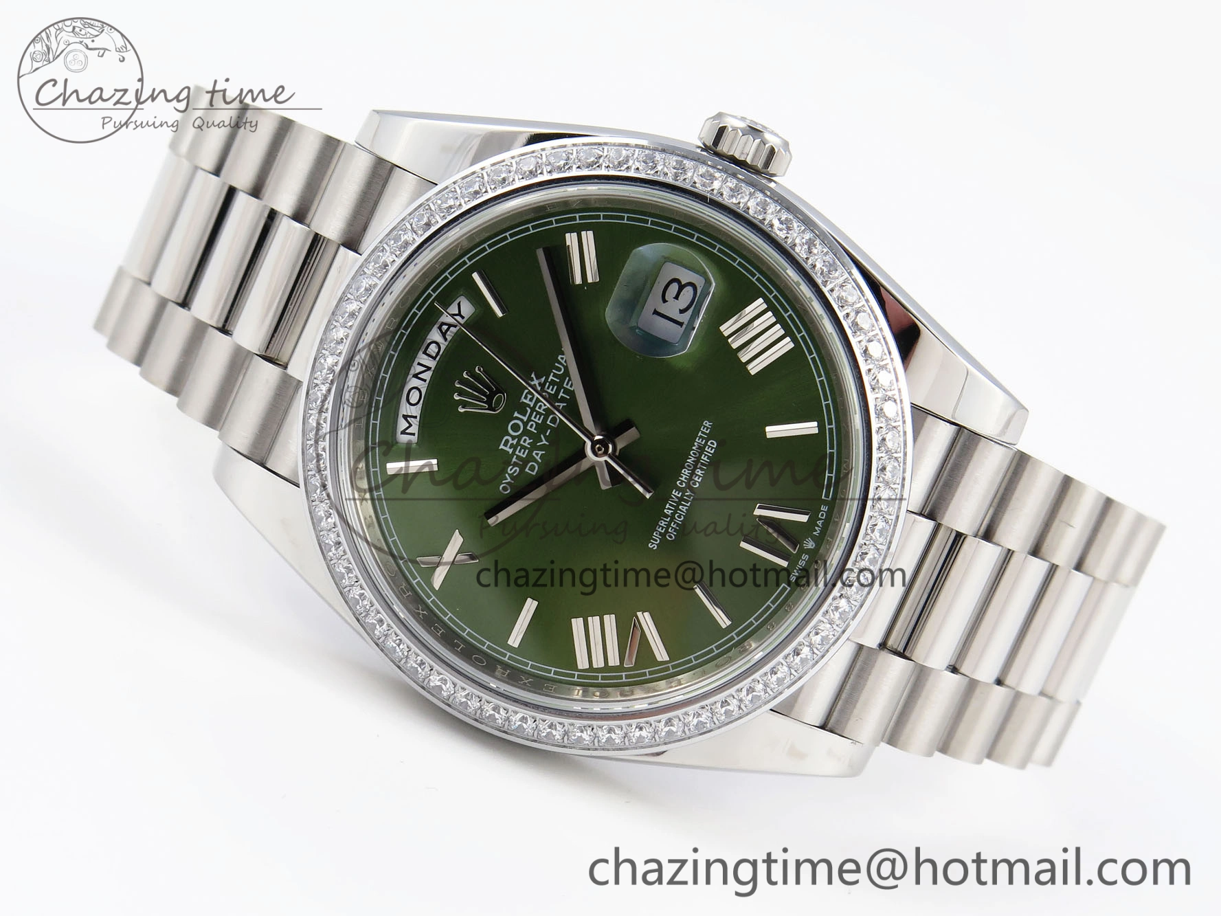 DayDate 40 SS GSF Gain Weight Green Roman Dial Diamonds Bezel on President Bracelet A2836