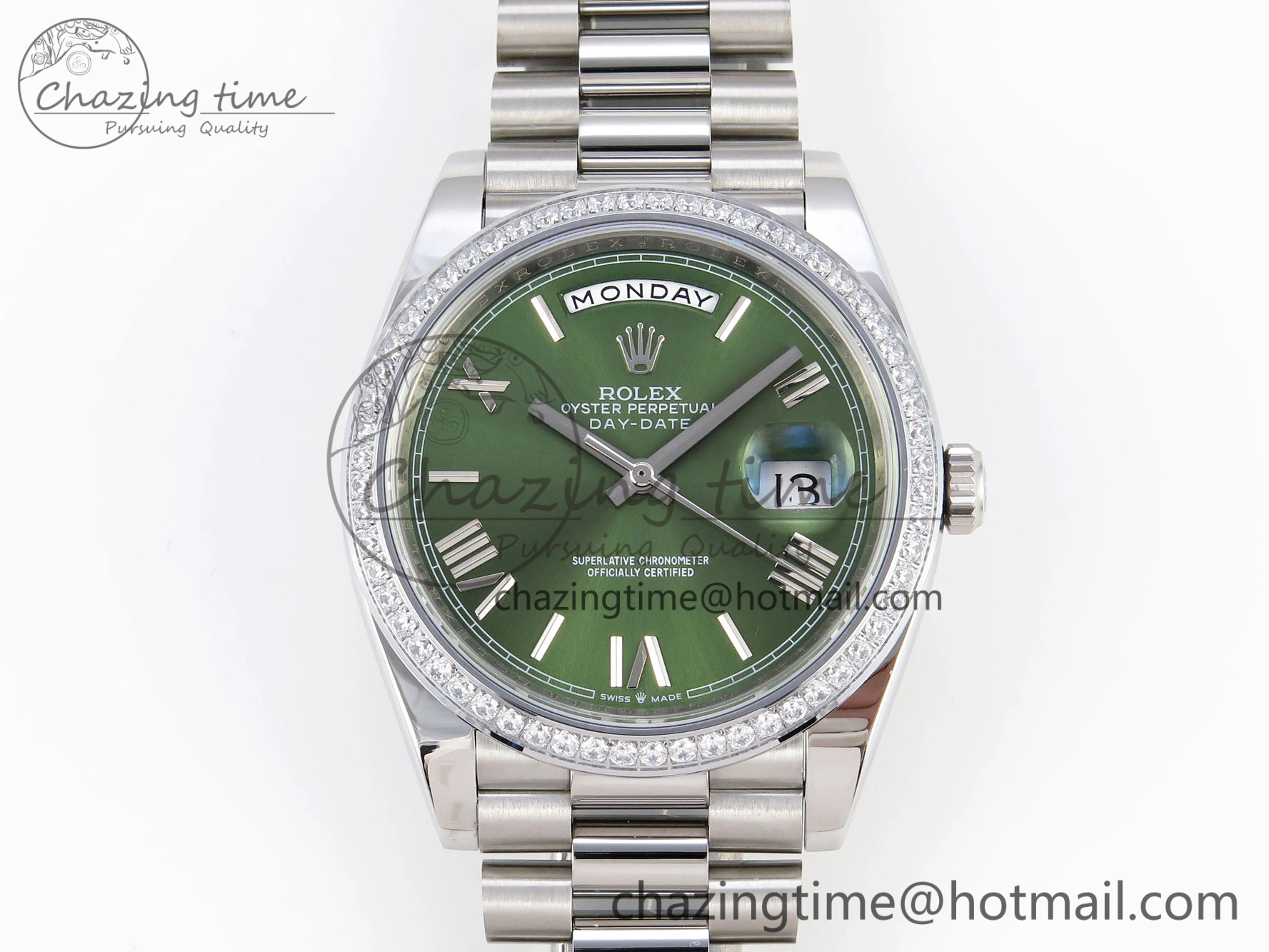 DayDate 40 SS GSF Gain Weight Green Roman Dial Diamonds Bezel on President Bracelet A2836