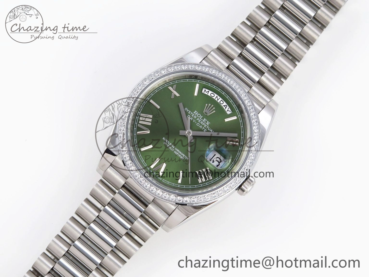 DayDate 40 SS GSF Gain Weight Green Roman Dial Diamonds Bezel on President Bracelet A2836