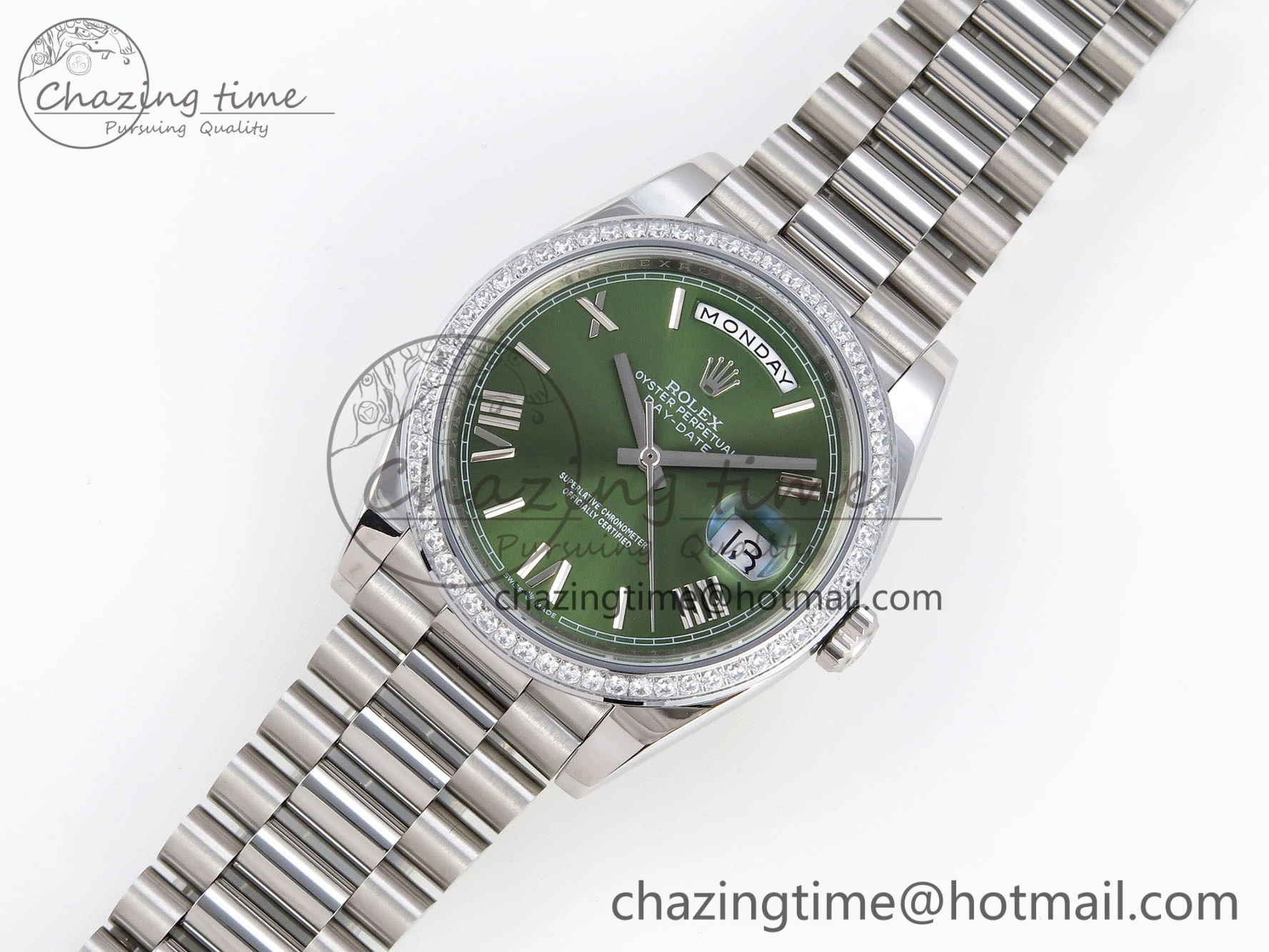 DayDate 40 SS GSF Gain Weight Green Roman Dial Diamonds Bezel on President Bracelet A2836
