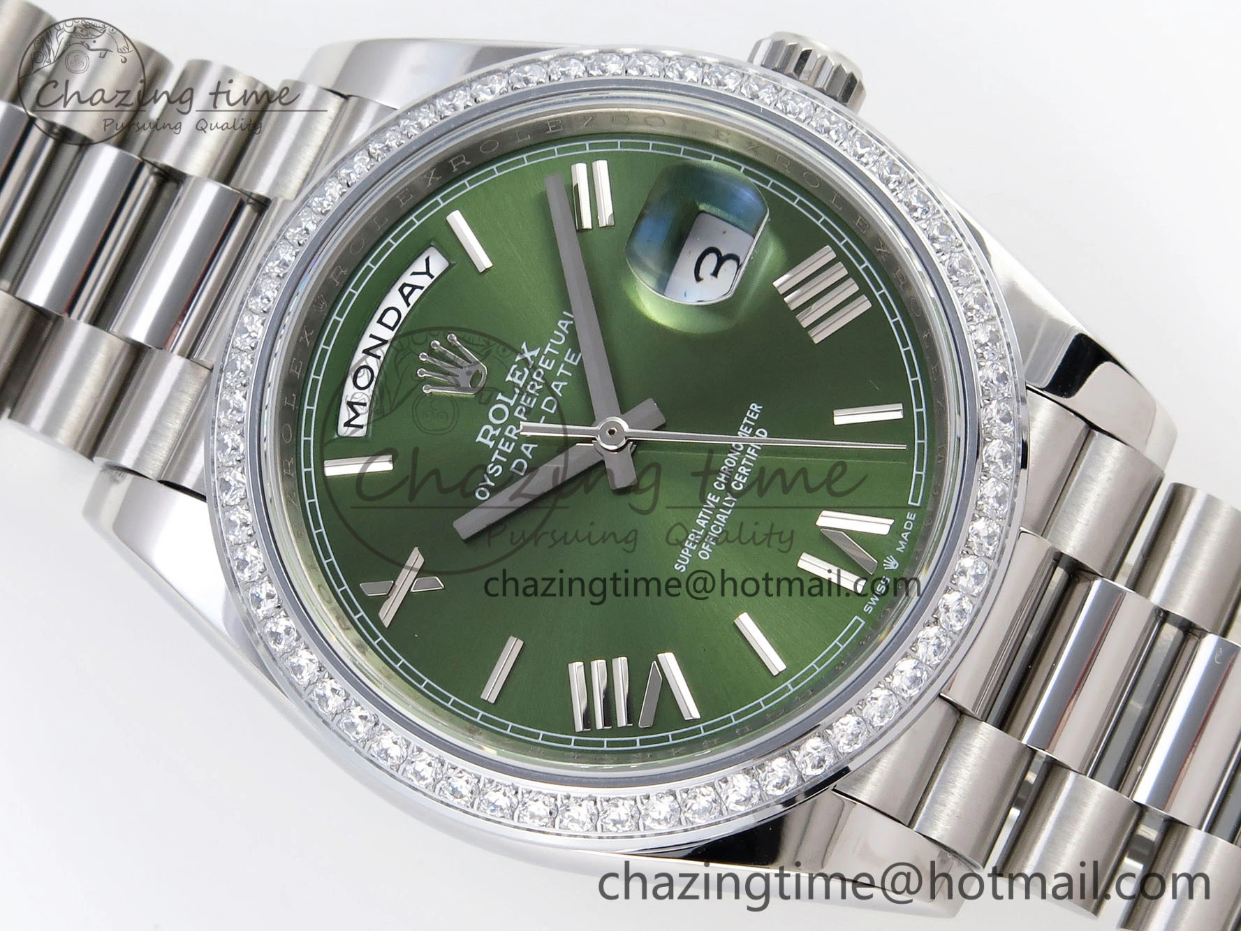 DayDate 40 SS GSF Gain Weight Green Roman Dial Diamonds Bezel on President Bracelet A2836