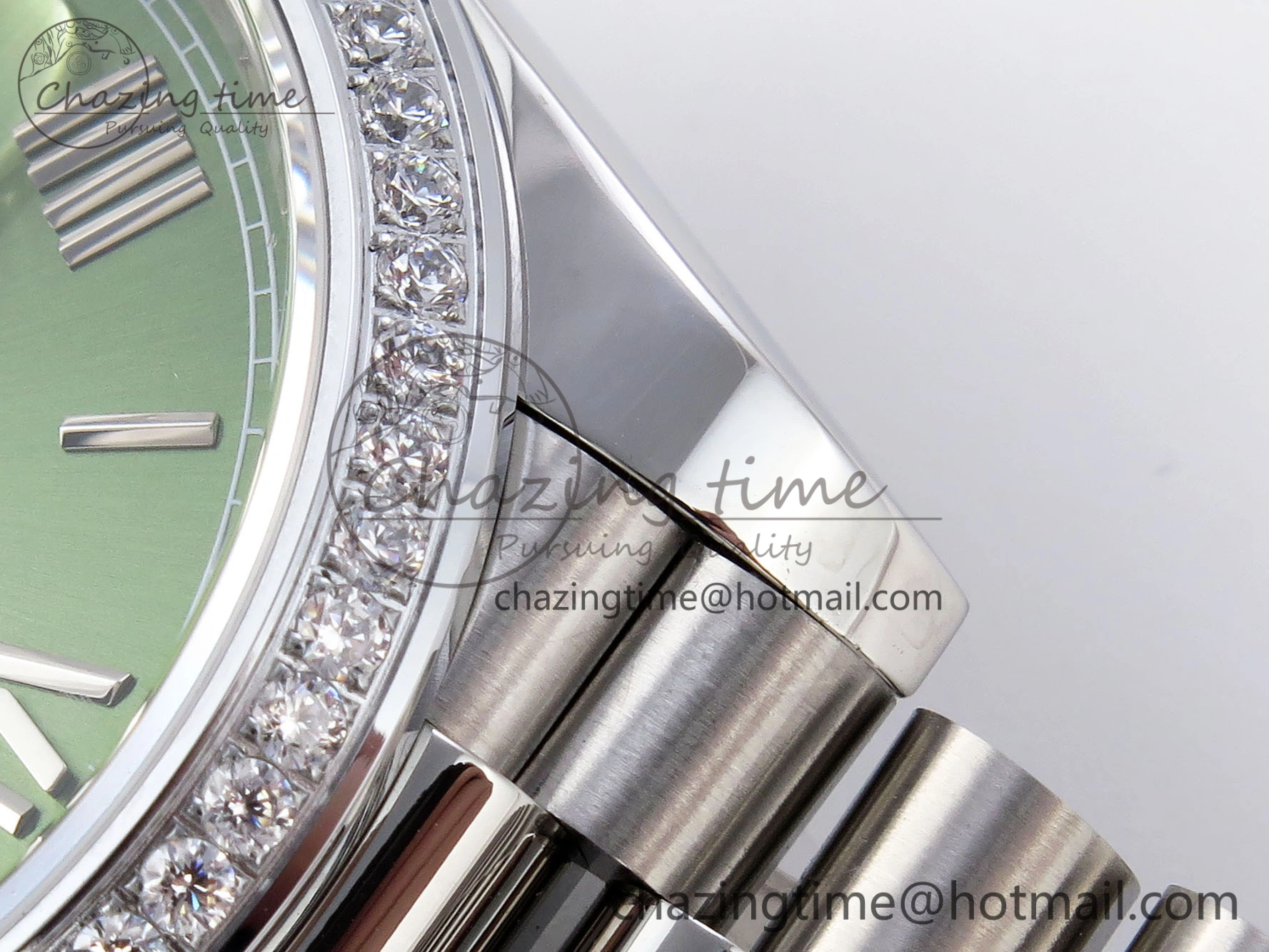 DayDate 40 SS GSF Gain Weight Green Roman Dial Diamonds Bezel on President Bracelet A2836