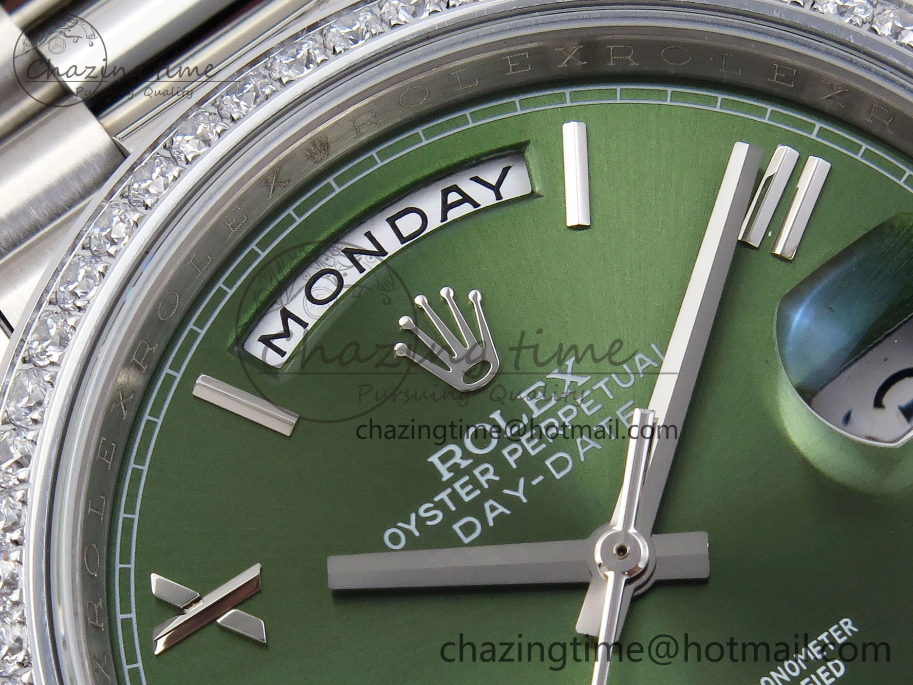 DayDate 40 SS GSF Gain Weight Green Roman Dial Diamonds Bezel on President Bracelet A2836