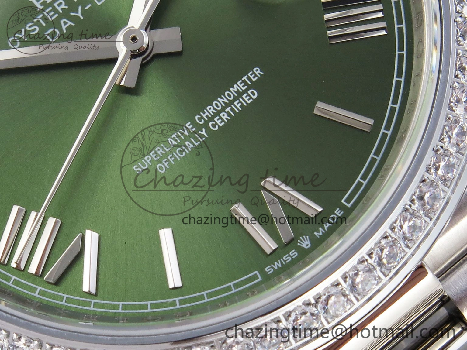DayDate 40 SS GSF Gain Weight Green Roman Dial Diamonds Bezel on President Bracelet A2836