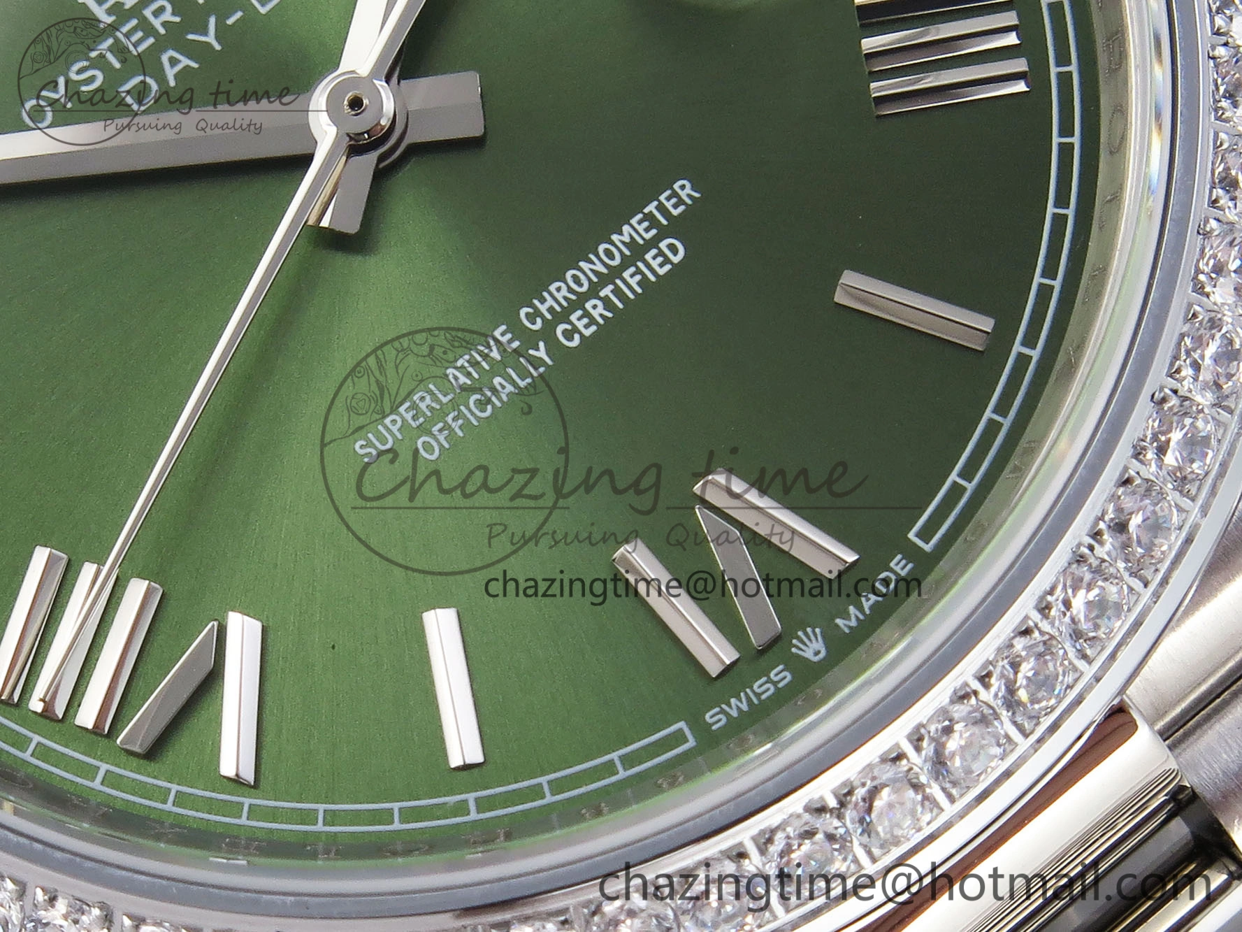 DayDate 40 SS GSF Gain Weight Green Roman Dial Diamonds Bezel on President Bracelet A2836