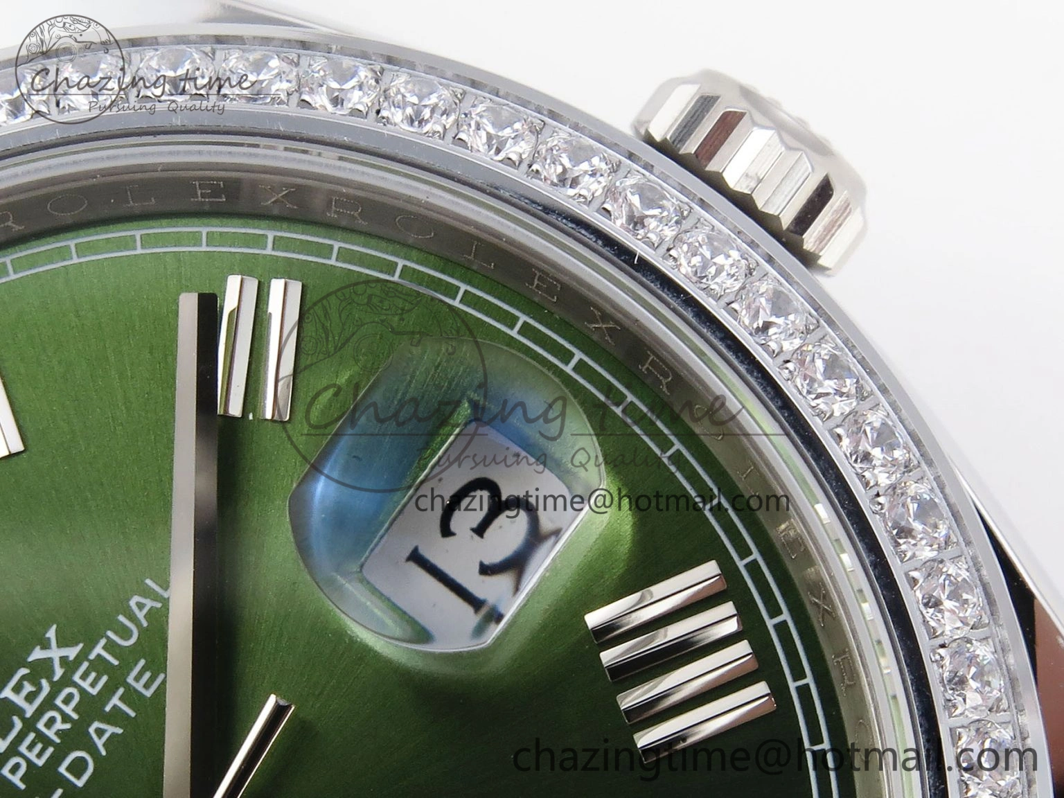 DayDate 40 SS GSF Gain Weight Green Roman Dial Diamonds Bezel on President Bracelet A2836
