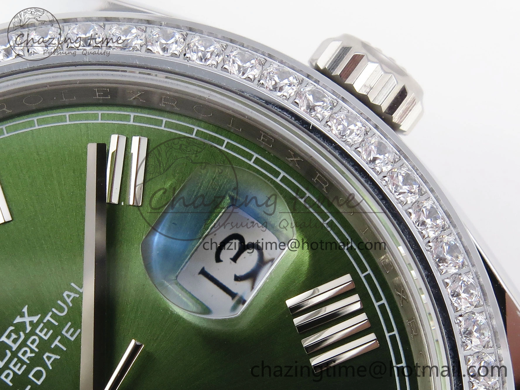 DayDate 40 SS GSF Gain Weight Green Roman Dial Diamonds Bezel on President Bracelet A2836