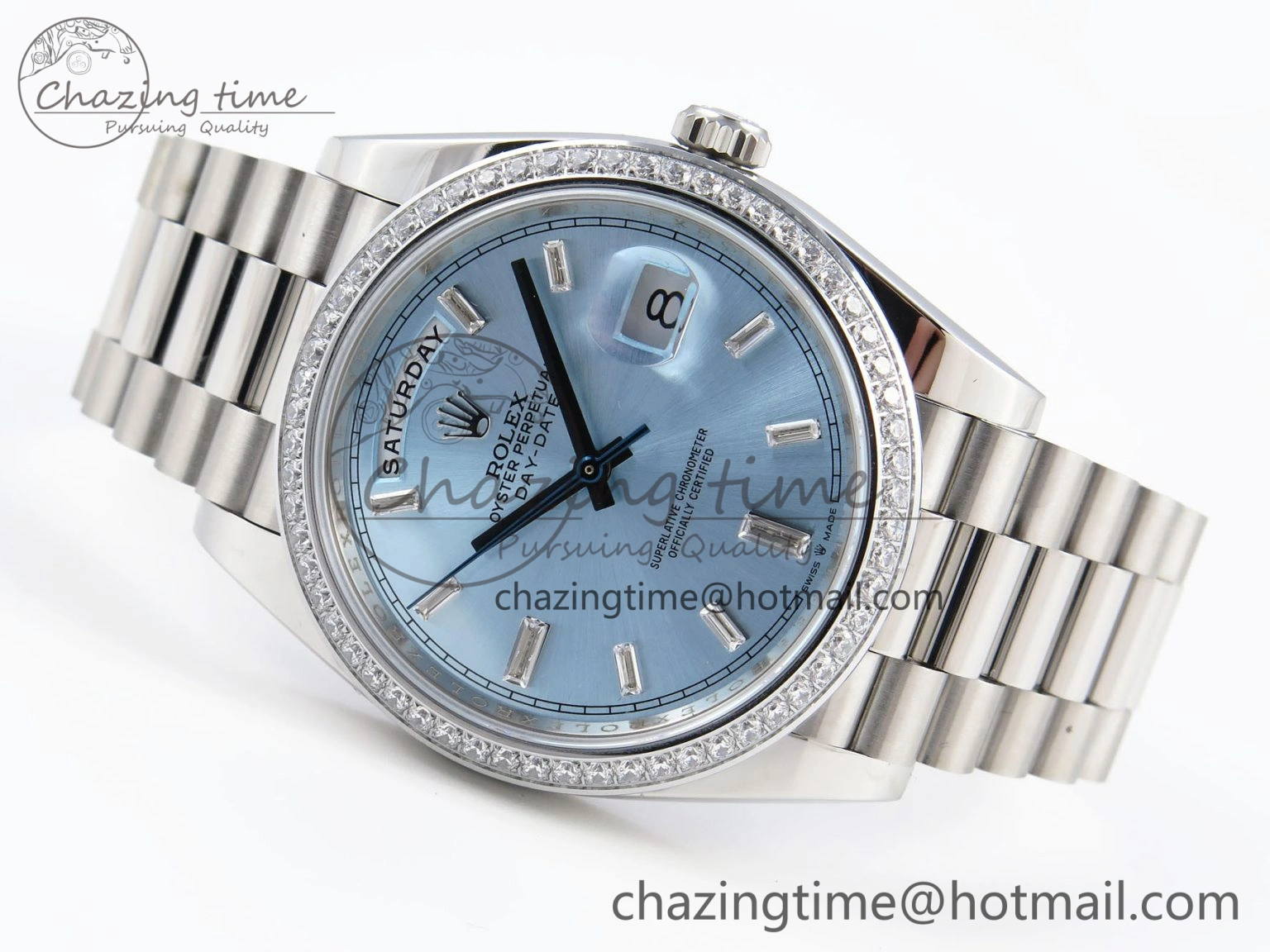 DayDate 40 SS GSF Gain Weight Ice Blue Crystal Dial Diamonds Bezel on President Bracelet A2836