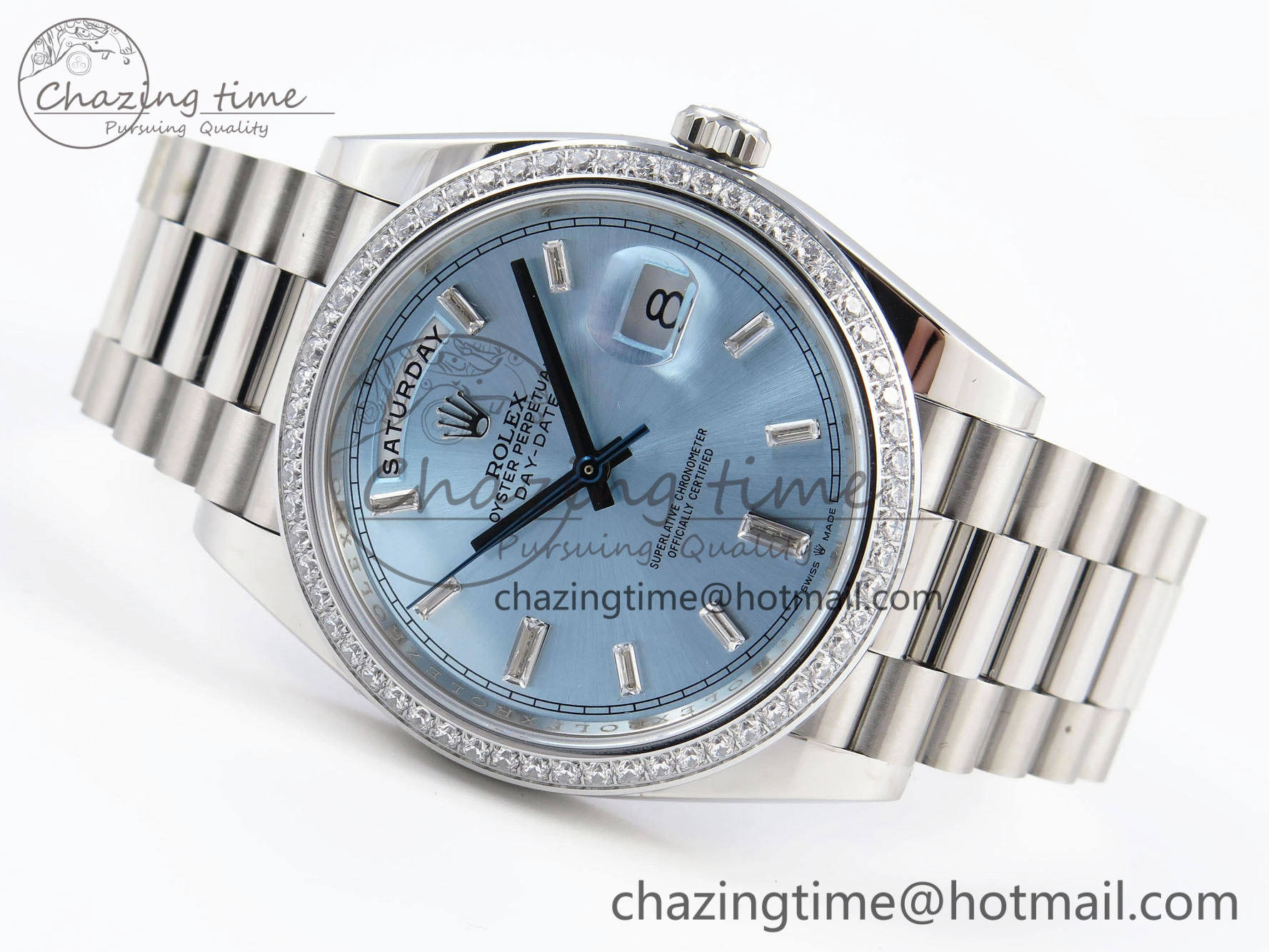 DayDate 40 SS GSF Gain Weight Ice Blue Crystal Dial Diamonds Bezel on President Bracelet A2836