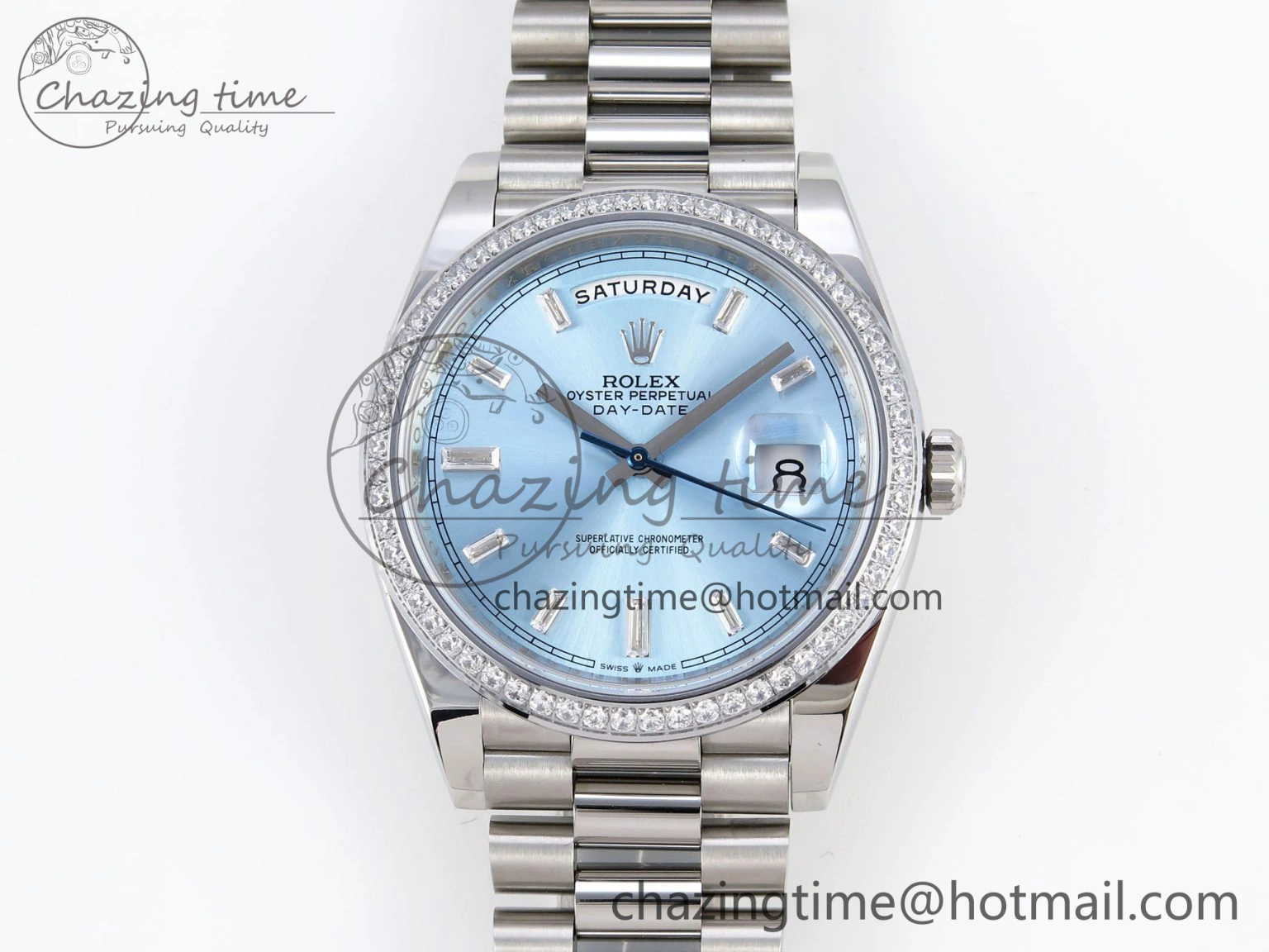 DayDate 40 SS GSF Gain Weight Ice Blue Crystal Dial Diamonds Bezel on President Bracelet A2836