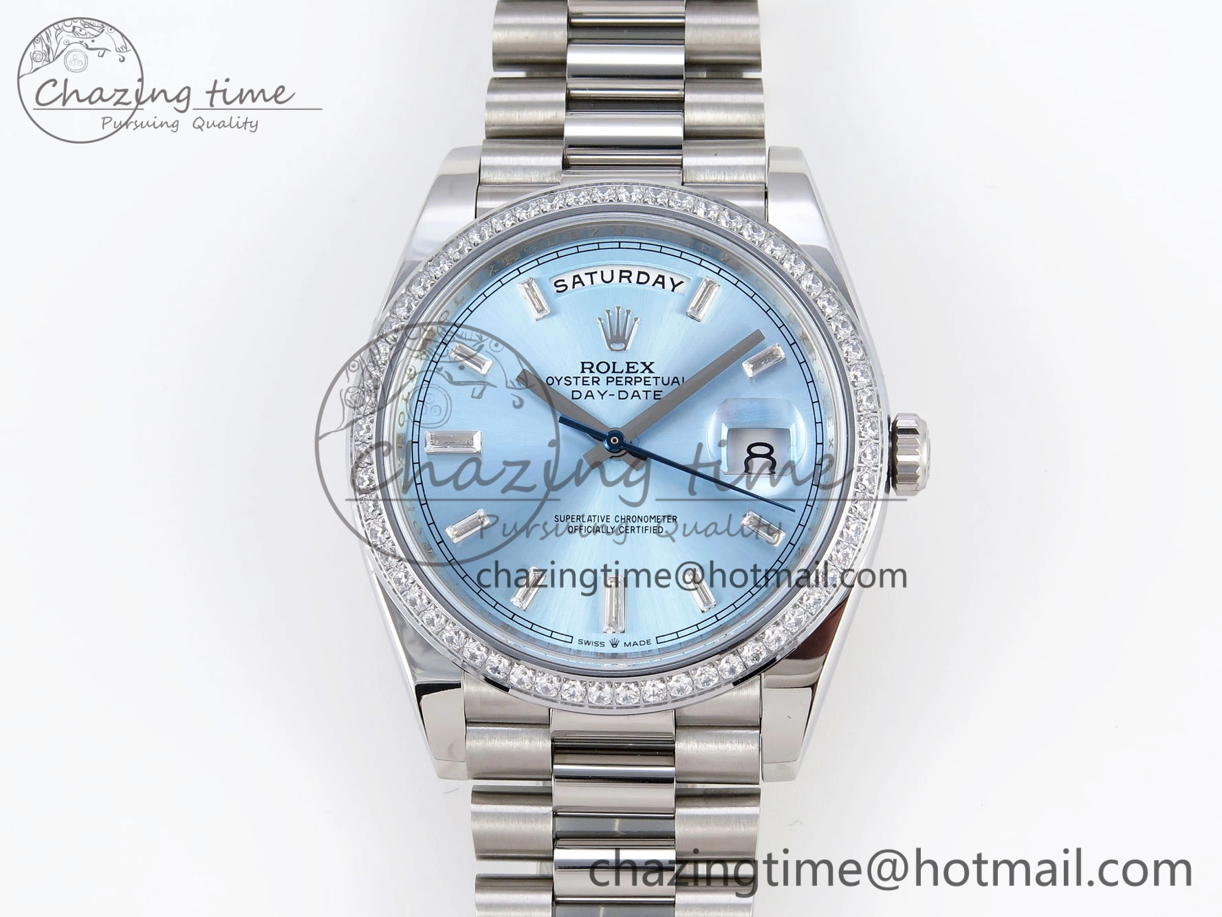 DayDate 40 SS GSF Gain Weight Ice Blue Crystal Dial Diamonds Bezel on President Bracelet A2836
