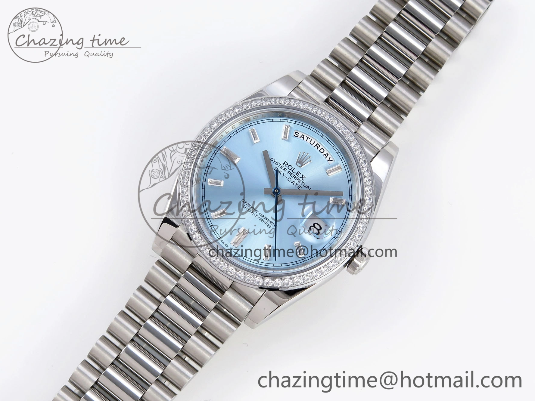DayDate 40 SS GSF Gain Weight Ice Blue Crystal Dial Diamonds Bezel on President Bracelet A2836