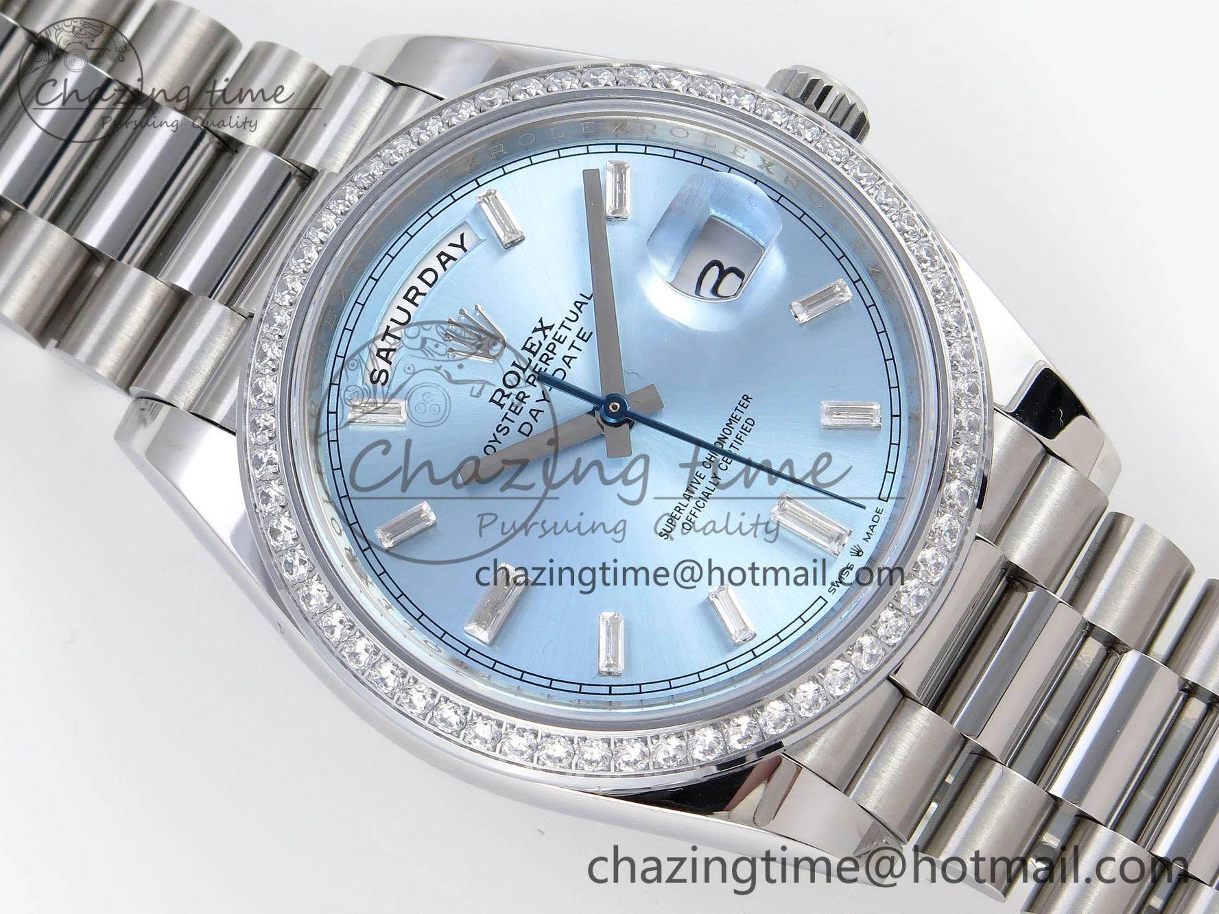 DayDate 40 SS GSF Gain Weight Ice Blue Crystal Dial Diamonds Bezel on President Bracelet A2836
