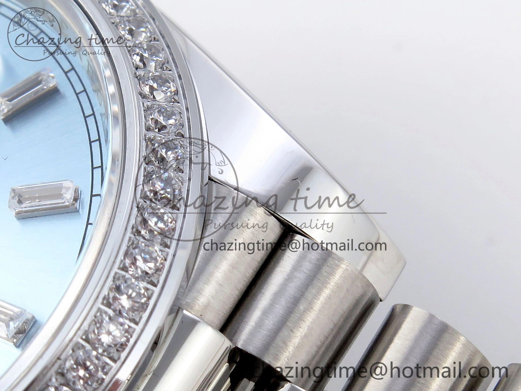 DayDate 40 SS GSF Gain Weight Ice Blue Crystal Dial Diamonds Bezel on President Bracelet A2836