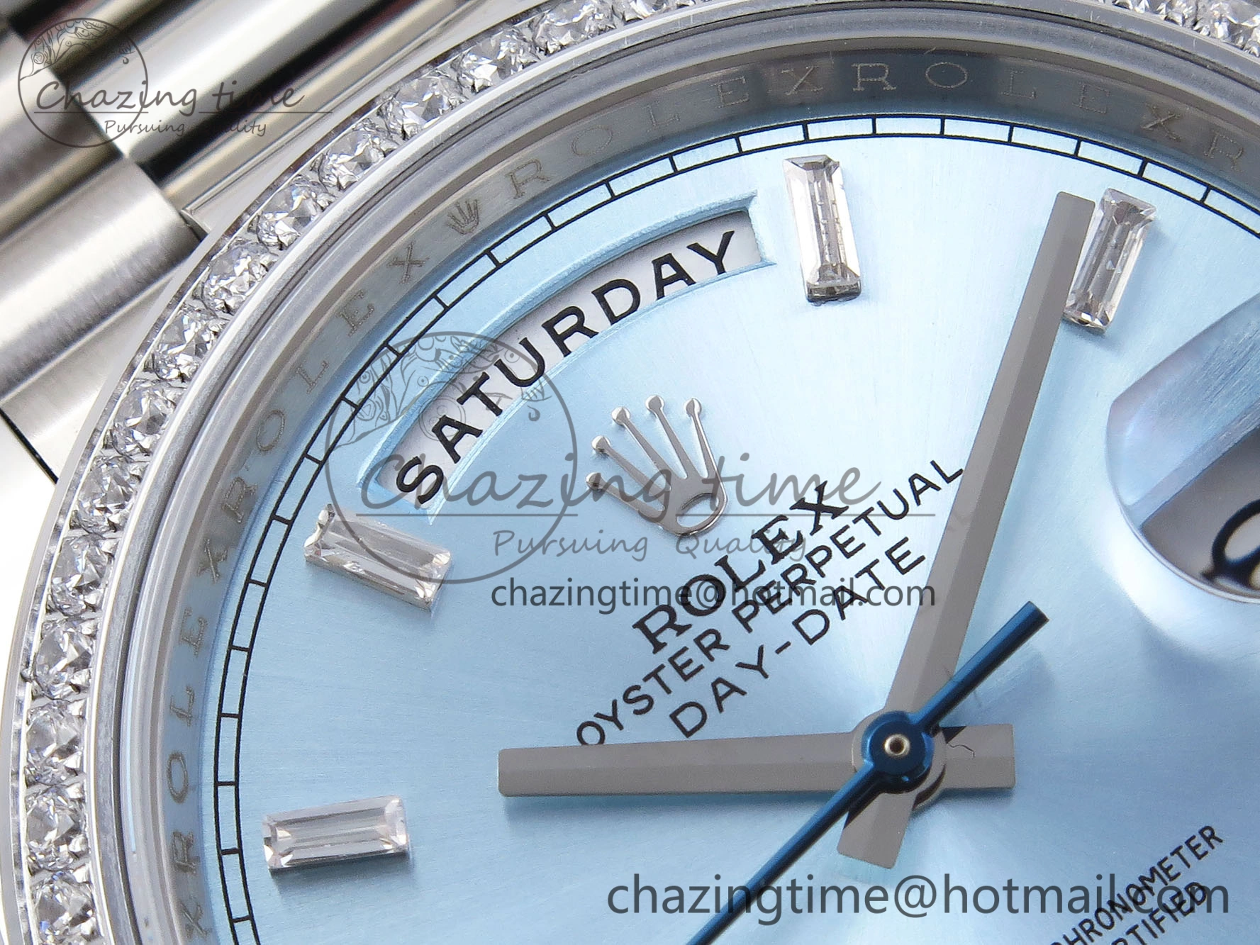 DayDate 40 SS GSF Gain Weight Ice Blue Crystal Dial Diamonds Bezel on President Bracelet A2836