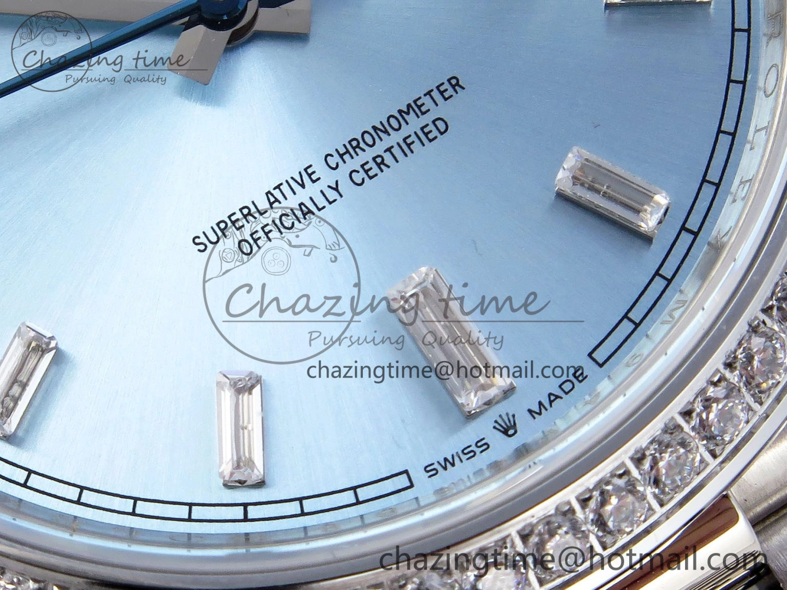 DayDate 40 SS GSF Gain Weight Ice Blue Crystal Dial Diamonds Bezel on President Bracelet A2836