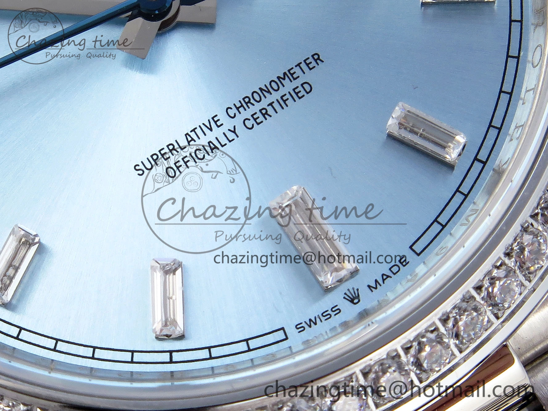 DayDate 40 SS GSF Gain Weight Ice Blue Crystal Dial Diamonds Bezel on President Bracelet A2836