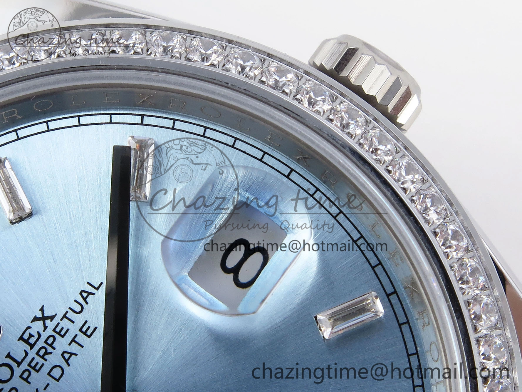 DayDate 40 SS GSF Gain Weight Ice Blue Crystal Dial Diamonds Bezel on President Bracelet A2836