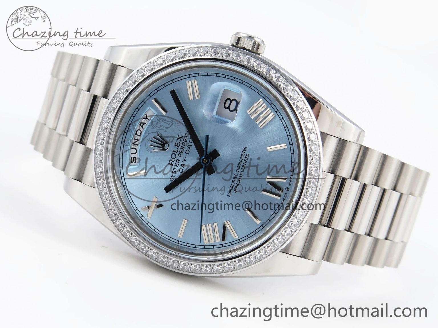 DayDate 40 SS GSF Gain Weight Ice Blue Roman Dial Diamonds Bezel on President Bracelet A2836