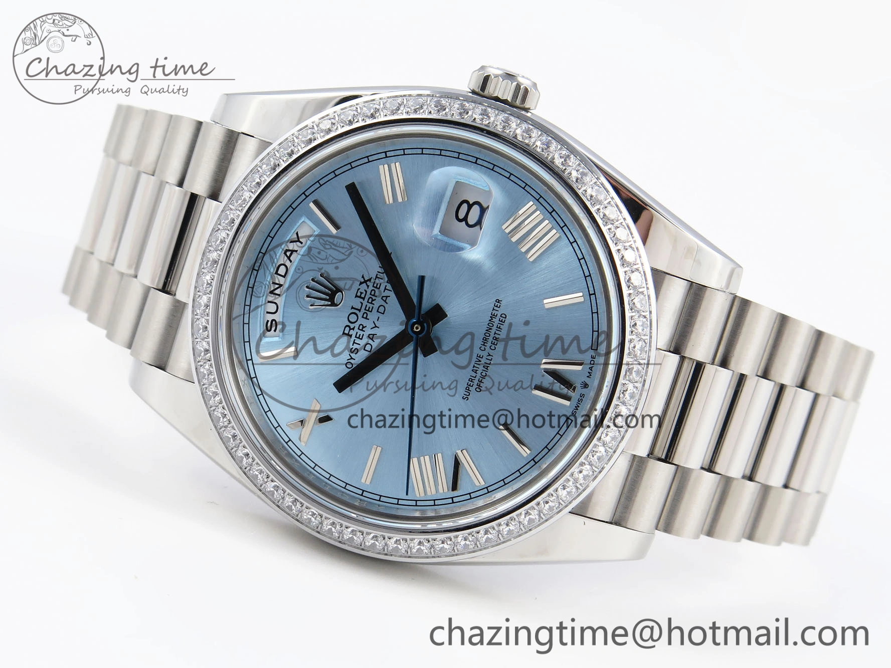 DayDate 40 SS GSF Gain Weight Ice Blue Roman Dial Diamonds Bezel on President Bracelet A2836